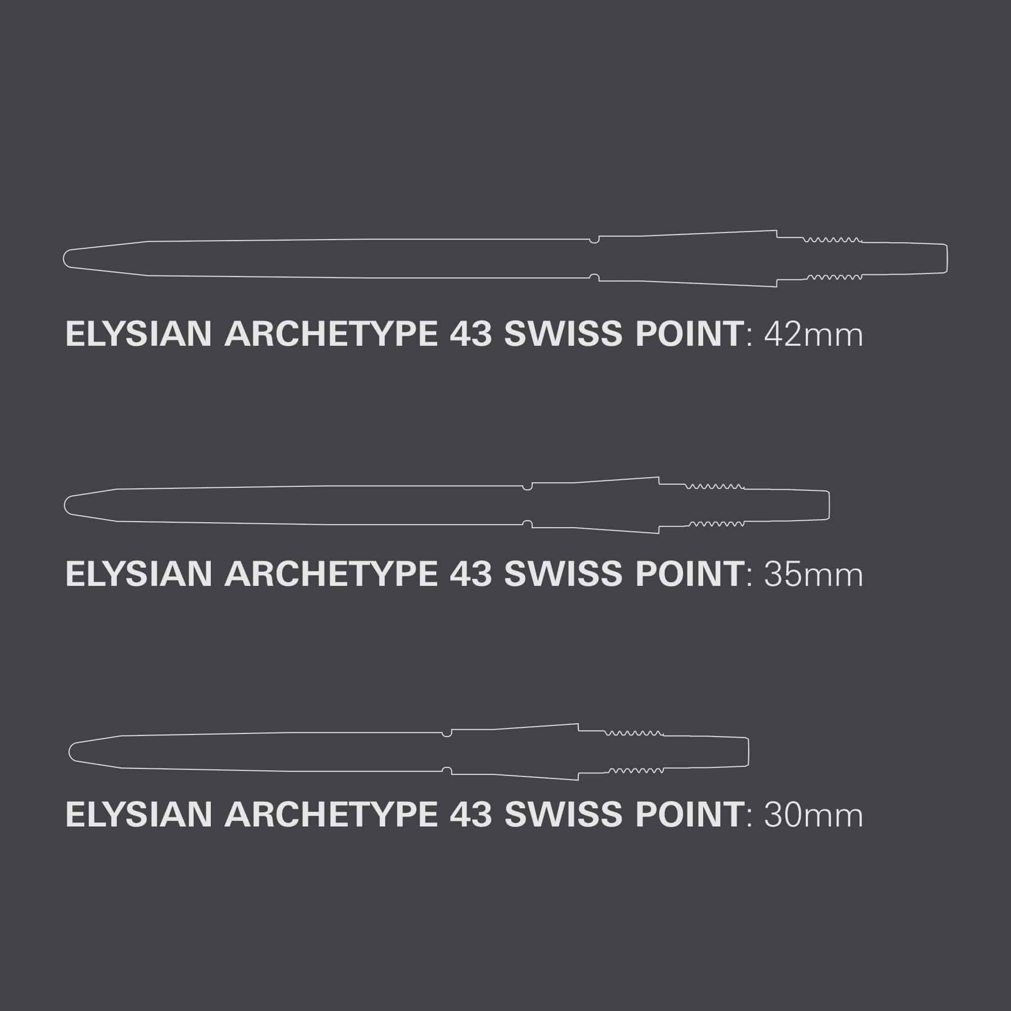 Target Elysian Archetype 43 Swiss Point Steeldartspitzen in Silber. Das Bild zeigt hochwertige Dartspitzen für Steel-Darts.
