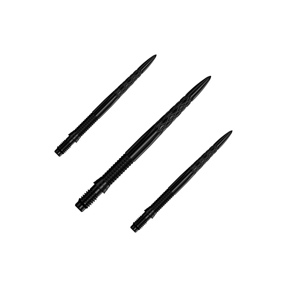 Mission R2.5 Rapid Point DSX dartpunten - Zwart Das Bild zeigt ein Set von schwarzen Dartspitzen, 30 mm lang. Die Dartspitzen sind zusammen gruppiert dargestellt.