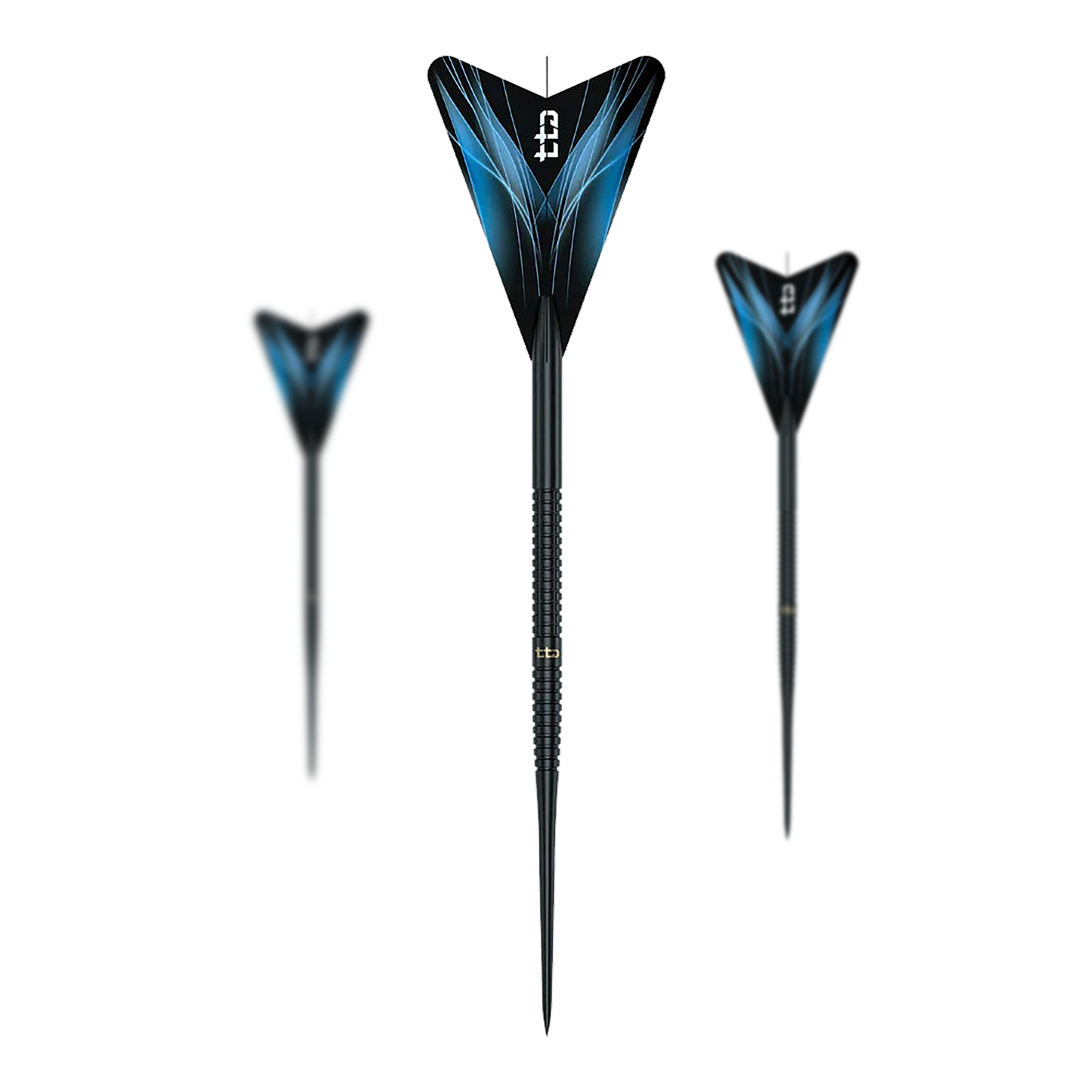 Abgebildet sind die Caliburn TTD Complete Titanium T1 Black Steeldarts - 5g. Die Darts haben ein schwarzes Design und wiegen 5g.