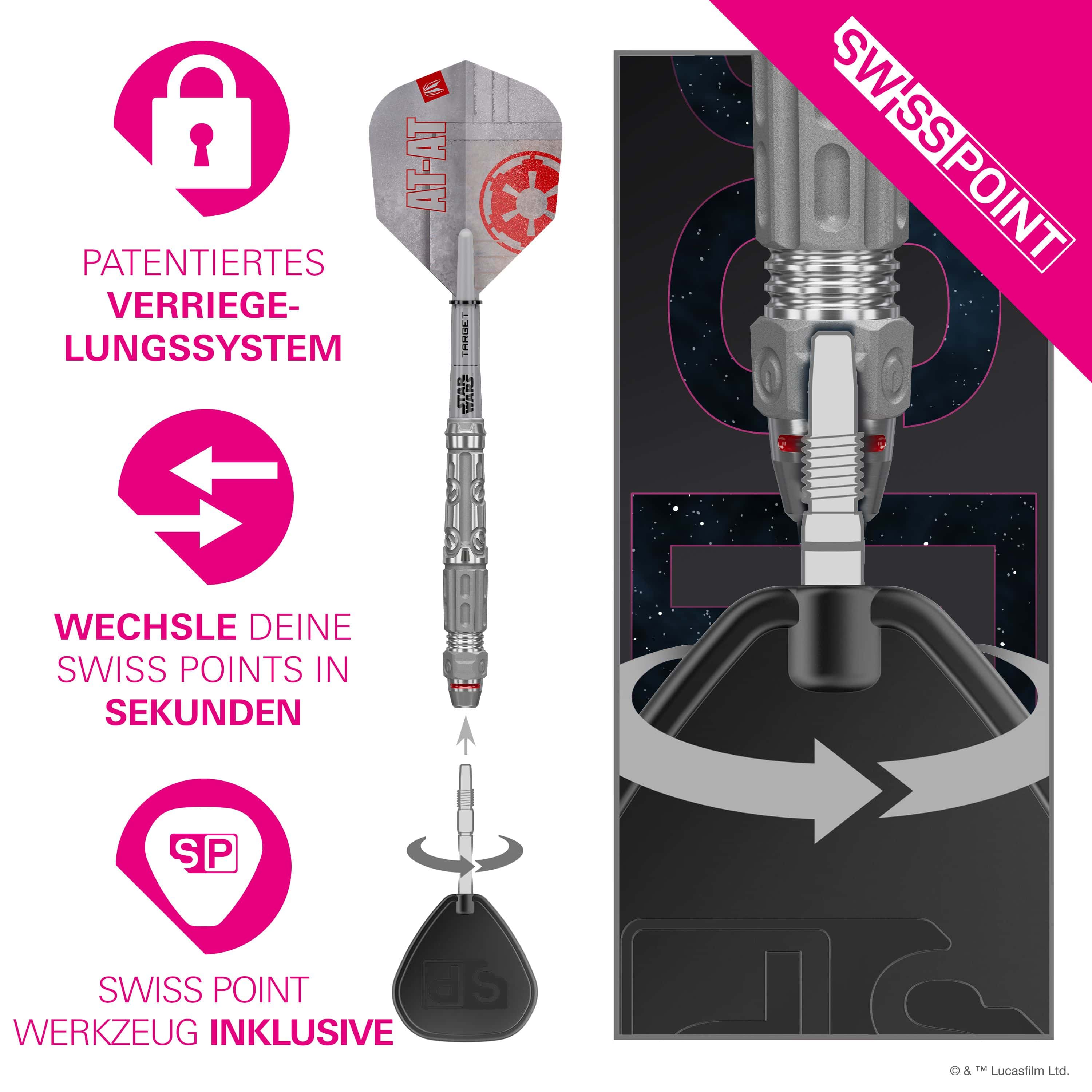 Target Star Wars AT-AT Swiss Point stalen dartpijlen Hier sind die Target Star Wars AT-AT Swiss Point Steeldarts abgebildet. Die Darts haben ein einzigartiges Design aus dem Star Wars Universum.