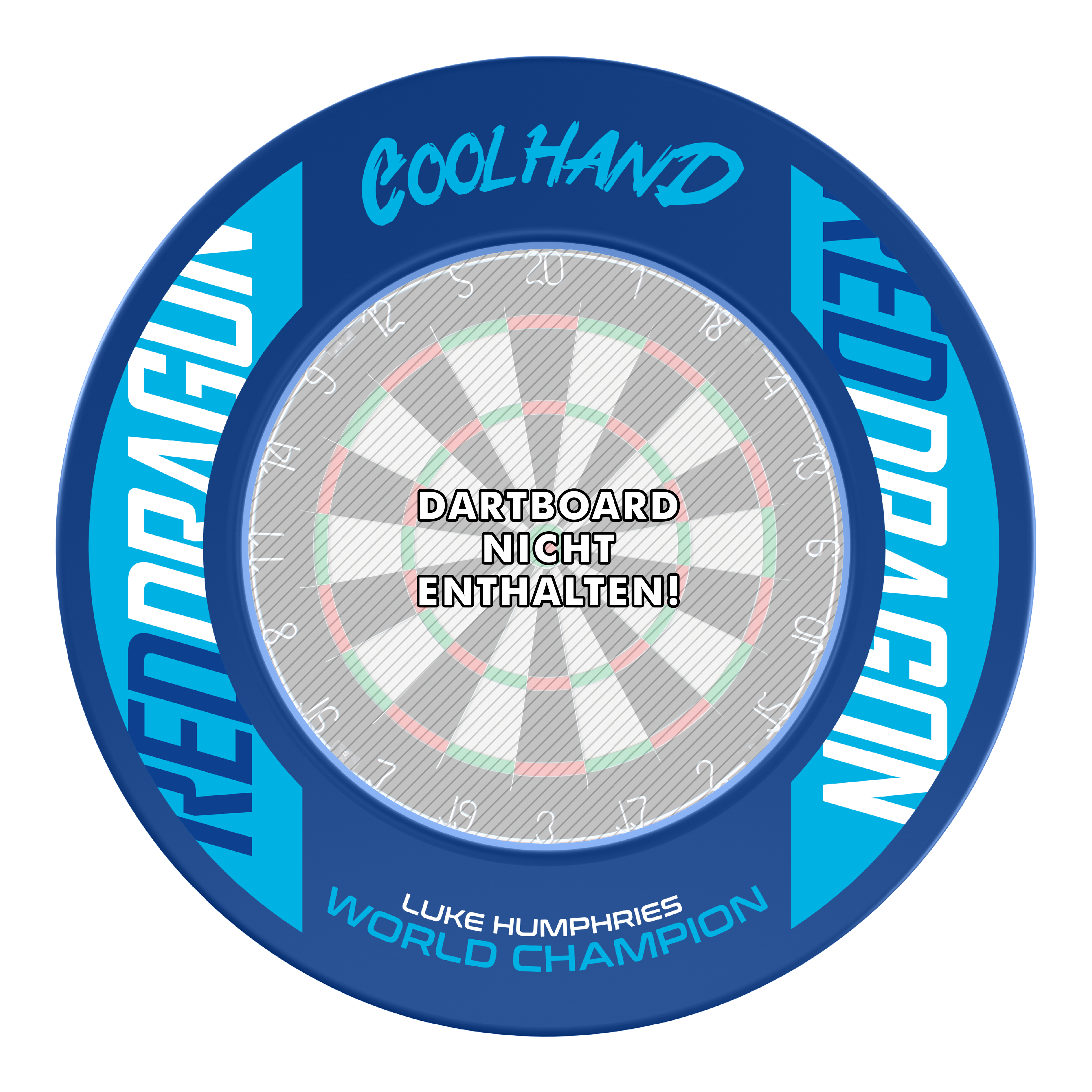 Red Dragon Luke Humphries Wereldkampioen Dartbord Surround Dies ist das Produkt "Red Dragon Luke Humphries World Champion Dartboard Surround" in blauer Farbe. In der Mitte steht: "Dartboard nicht enthalten!"