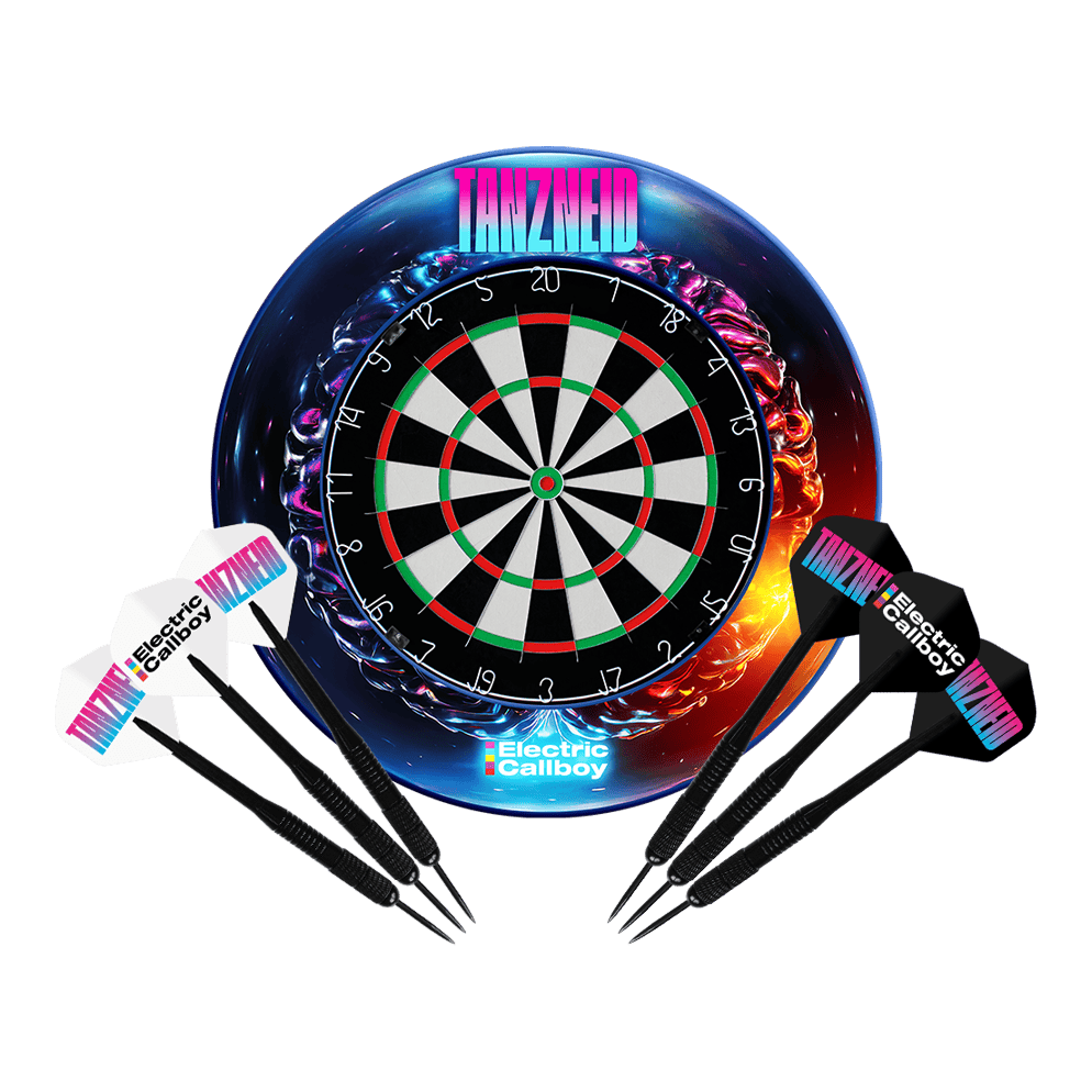 Elektrisch Callboy Tanzneid stalen dartbord en bijbehorende set Gezeigt wird das Electric Callboy Tanzneid Steeldartboard und Surround Bundle. Das Set beinhaltet eine Dartscheibe und Umrandung.