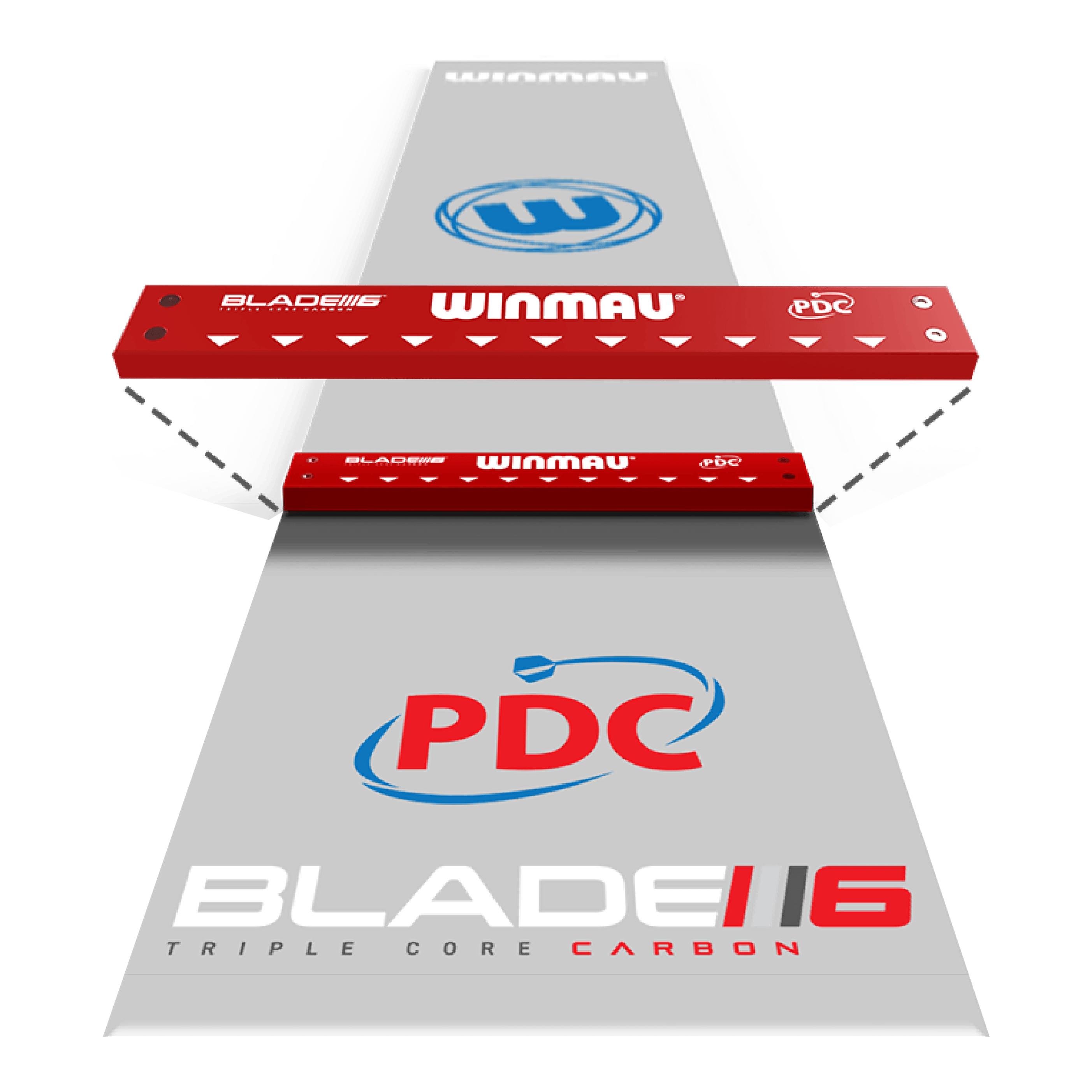 Winmau Clearzone PVC dartmat met oche Das Bild zeigt die "Winmau Clearzone PVC Dartmatte mit Oche". Auf der Matte sind die Logos von Winmau, PDC und Blade 6 zu sehen.