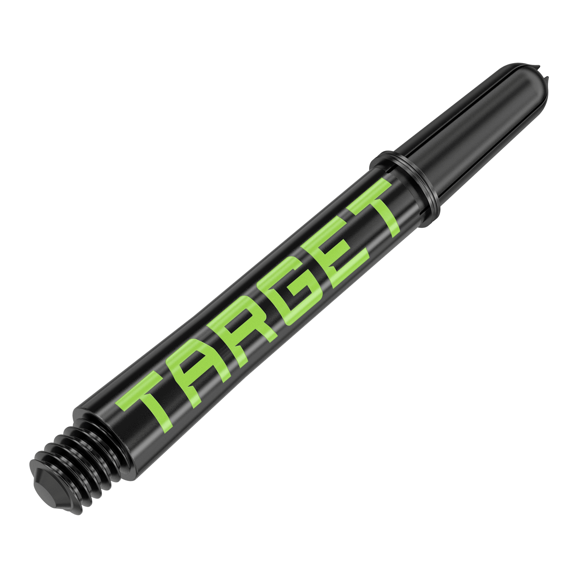 Target Pro Grip TAG Shafts - 3 Sets - Zwart Groen Das Bild zeigt einen schwarzen Dart-Schaft mit grünem Schriftzug „TARGET“. Der Schaft hat ein Schraubgewinde an einem Ende.