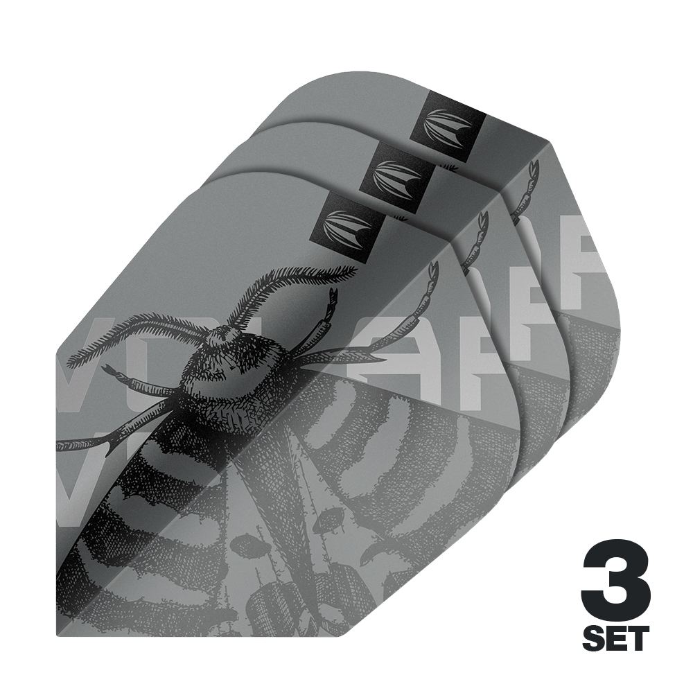 Target Pro Ultra Volar No6-vluchten - 3 sets Das Bild zeigt drei Sets der Target Pro Ultra Volar No6 Flights. Die Flights sind grau mit einem detaillierten Insektenmotiv gestaltet.