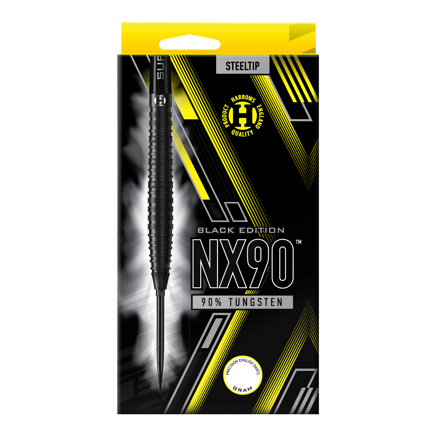 Harrows NX90 Black Edition Tapered Quick Point Steel Darts Die Abbildung zeigt die Harrows NX90 Black Edition Tapered Quick Point Steeldarts. Sie haben eine elegante, konische Silhouette und sind komplett schwarz.