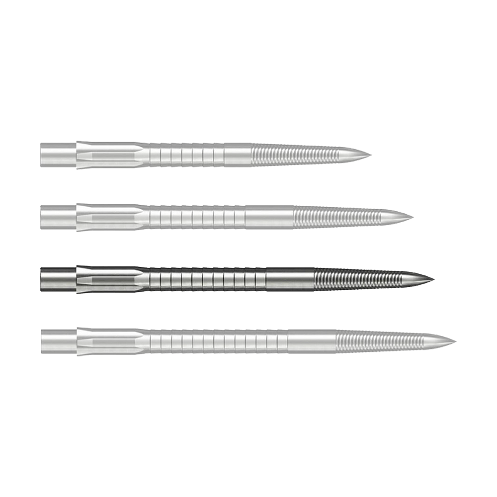 Das Bild zeigt Steeldartspitzen mit Micro Grip im Silber-Design, 36mm lang. Das Produkt ist auf weißem Hintergrund zu sehen.