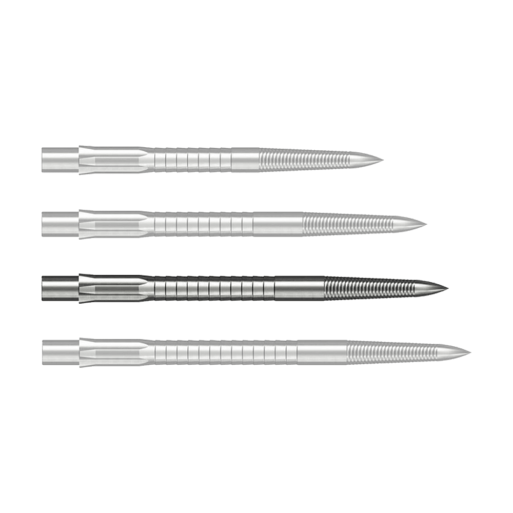 Caliburn System stalen dartpunten - Micro Grip - Zilver Das Bild zeigt Steeldartspitzen mit Micro Grip im Silber-Design, 36mm lang. Das Produkt ist auf weißem Hintergrund zu sehen.