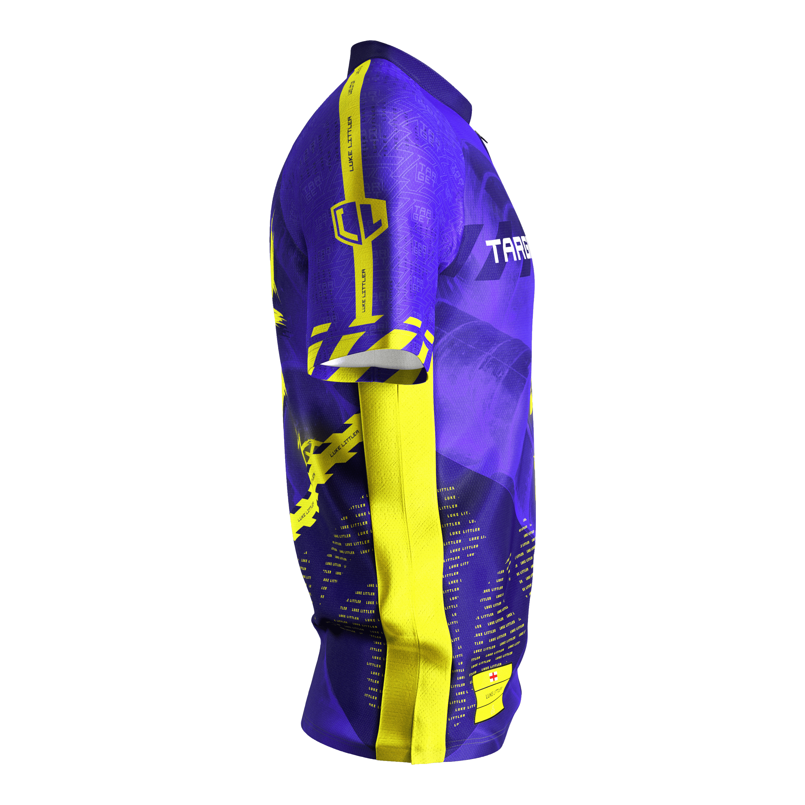 Target Coolplay Luke Littler 2025 dartshirt Das Bild zeigt das "Target Coolplay Luke Littler 2025 Dartshirt" von der Seite. Das Shirt ist überwiegend lila mit auffälligen gelben Akzenten und Mustern.