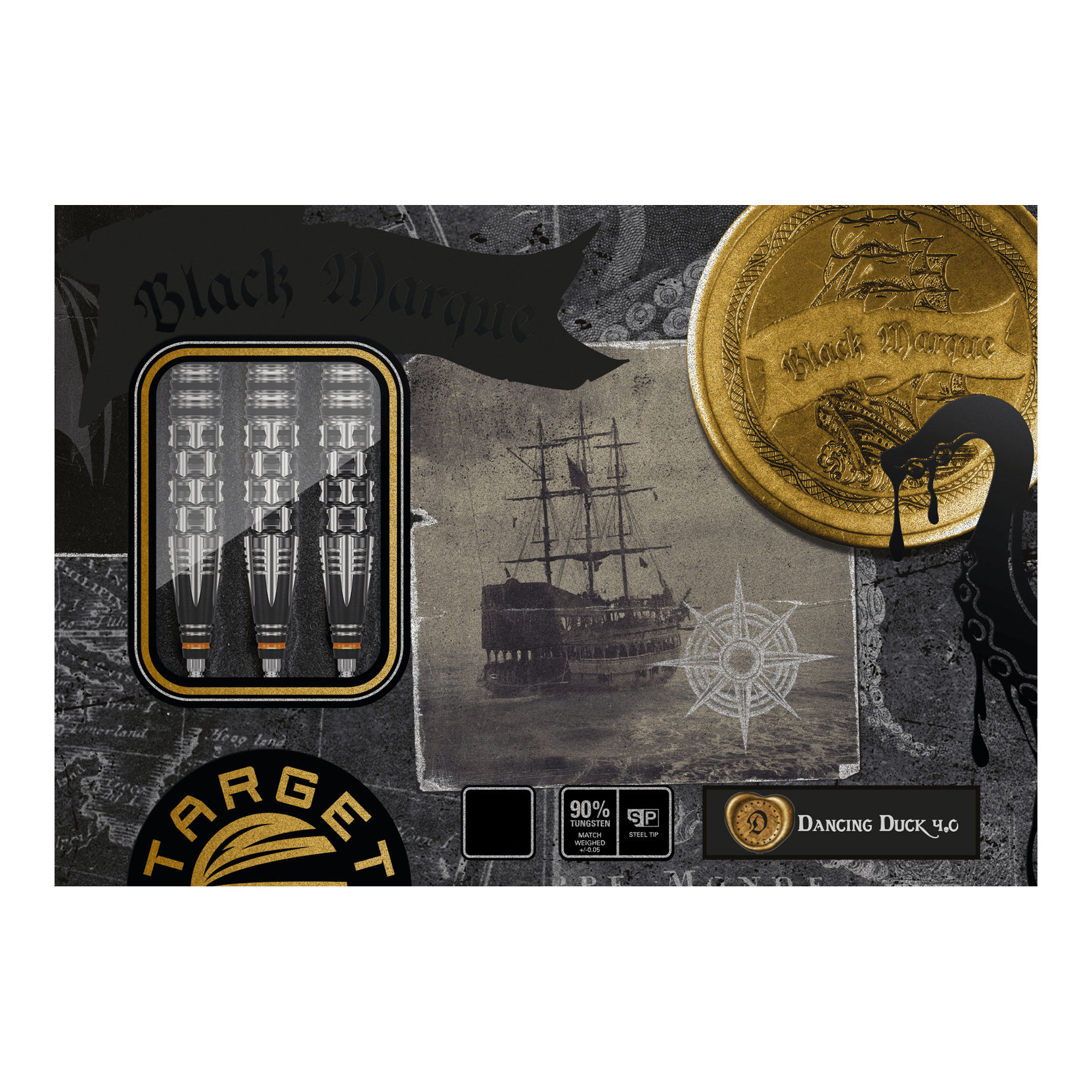 Target Japan Black Marque Dancing Duck GEN 4 stalen darts Die Abbildung zeigt die Verpackung der "Target Japan Black Marque Dancing Duck GEN 4 Steeldarts". Auf der Verpackung sind drei Darts, ein Schiff und ein goldener Münzen-Print zu sehen.