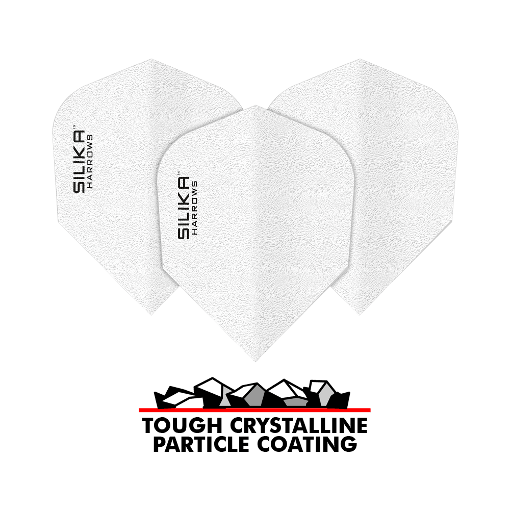 Harrows Silica Solid Tough Crystalline Coating Wit No6 Flights Das Bild zeigt drei weiße Dartflights mit der Aufschrift "SILIKA HARROWS". Darunter steht "TOUGH CRYSTALLINE PARTICLE COATING" zusammen mit einer grafischen Darstellung von Kristallen.