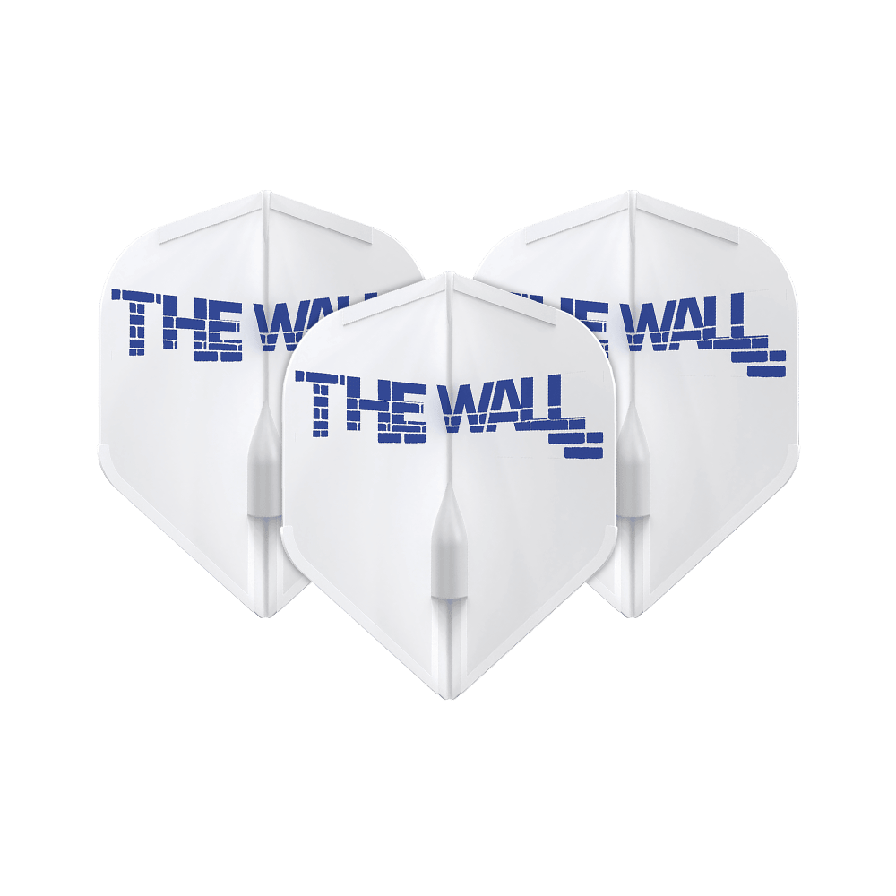 L-Style Martin Schindler White L1EZ Vluchten Das Bild zeigt drei weiße Dart-Flights mit der blauen Aufschrift "THE WALL". Die Flights sind das Modell L-Style Martin Schindler Weiß L1EZ.