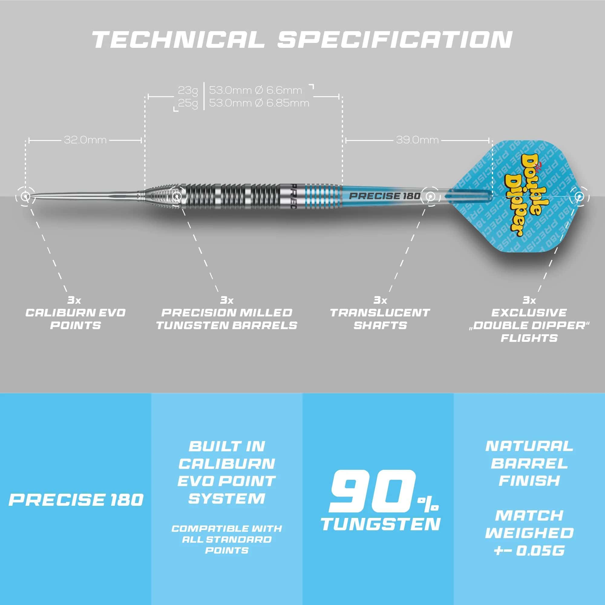 Precise 180 Bela Schugmann Double Dipper V1 stalen dartpijlen Dieses Bild präsentiert die Precise 180 Bela Schugmann Double Dipper V1 Steeldarts. Die Steeldarts überzeugen durch ihre hochwertige Verarbeitung.