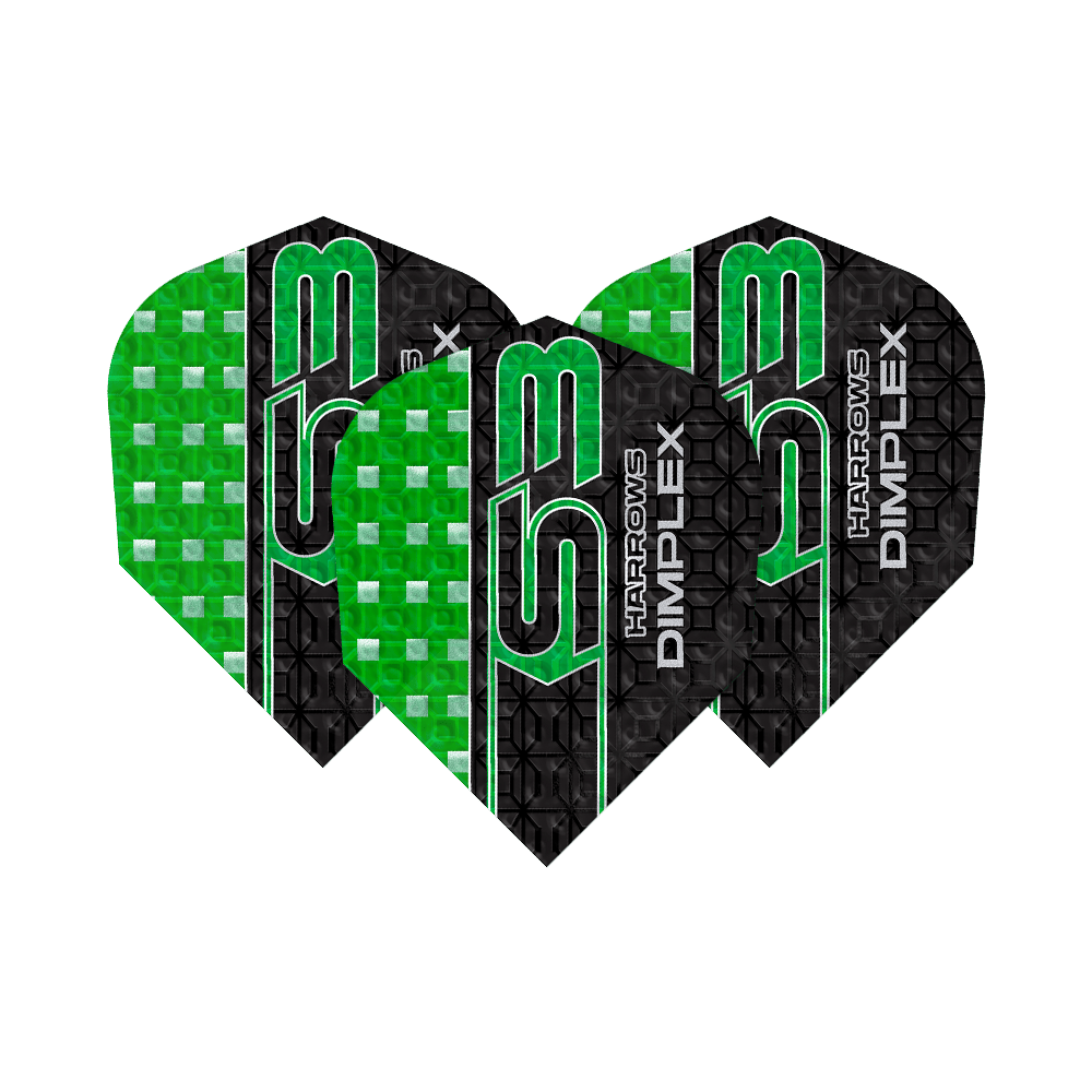 Harrows Dimplex S3 Flights - Groen Das Bild zeigt drei grüne und schwarze Dart-Flights des Modells "Harrows Dimplex S3". Auf den Flights steht der Text "Harrows Dimplex S3" in grüner und weißer Schrift.