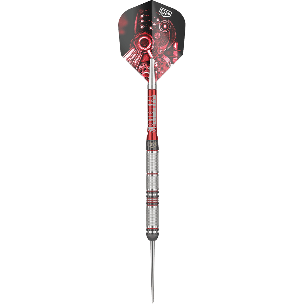 DW Piranha Razor 01 stalen darts Das Bild zeigt den Steeldart "DW Piranha Razor 01". Der Dart hat ein silbernes Griffstück mit roten Akzenten und eine Flight mit mechanischem Design.