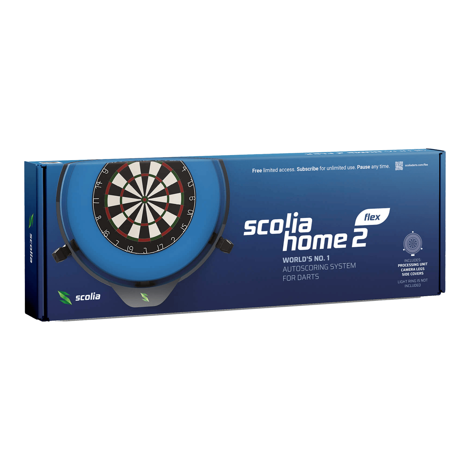 Scolia Home 2 FLEX - Elektronisch autoscoringsysteem 2026 Das Bild zeigt die Verpackung des Produkts "Scolia Home 2 FLEX – Elektronisches Punktesystem". Es ist ein automatisches Auswertungssystem für Darts.
