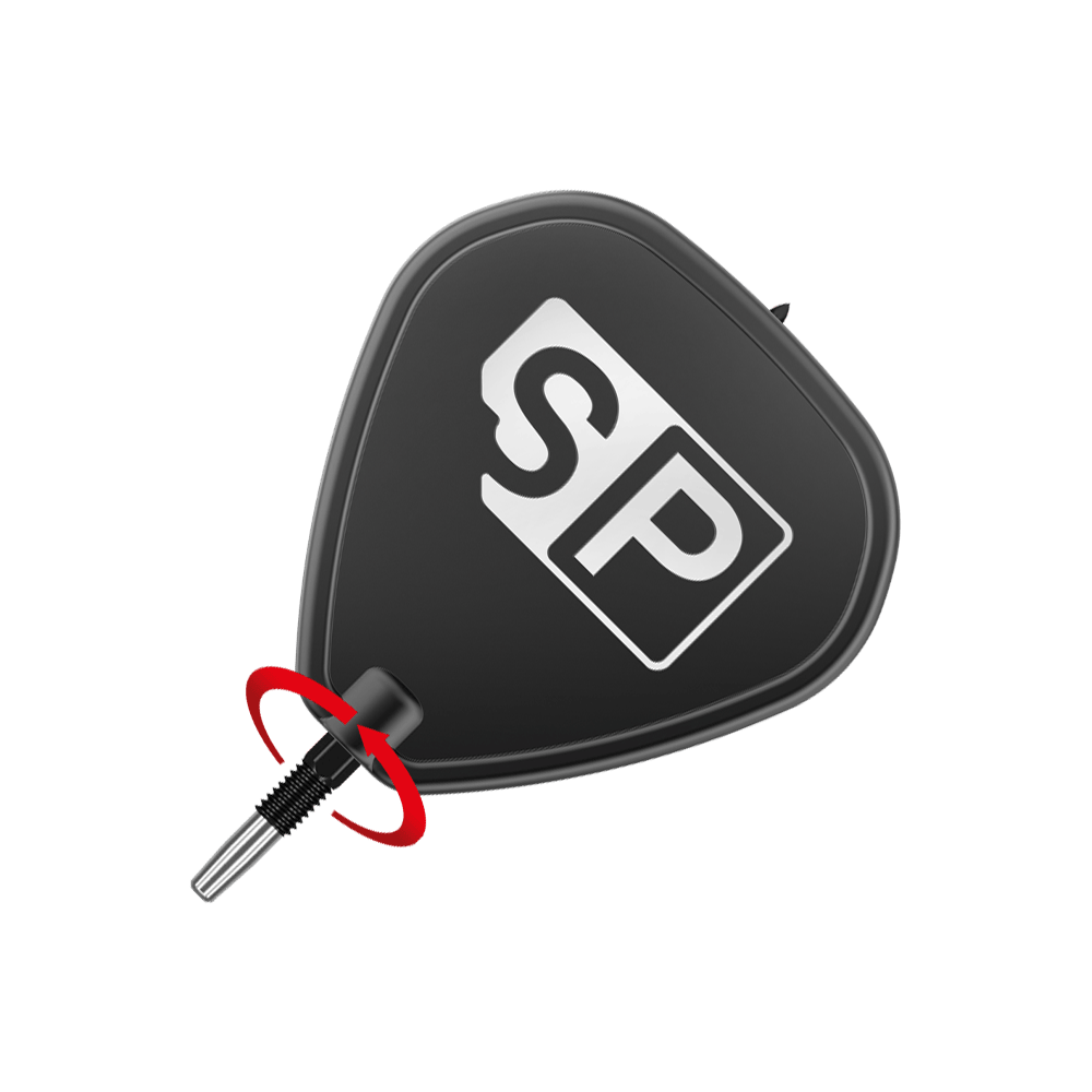 Target Swiss Point Black dartpunten Das Bild zeigt eine schwarze Dartspitze mit der weißen Aufschrift "SP". Im unteren Bereich ist ein rotes Element zu sehen, das die Spitze hervorhebt.