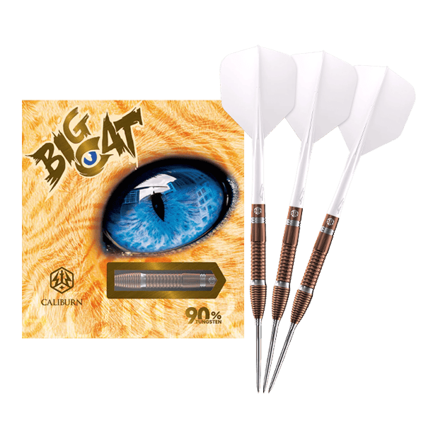 Caliburn Big Cats Lion stalen dartpijlen Das Bild zeigt ein vollständiges Set Caliburn Big Cats Lion Steeldarts. Die Darts sind in voller Länge sichtbar.