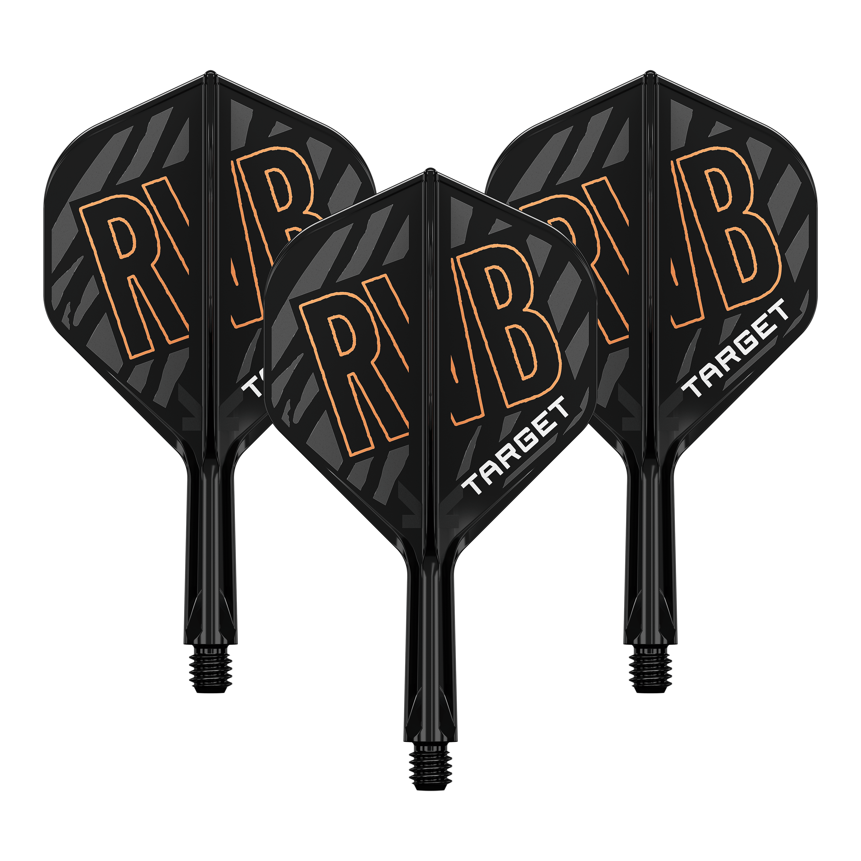 Target K-Flex Raymond Van Barneveld No2 Standard Flight-Shaft-System Auf dem Bild sind drei schwarze Dart Flights mit dem orangefarbenen Schriftzug "RVB" zu sehen. Unten auf den Flights steht in weißer Schrift das Wort "TARGET".