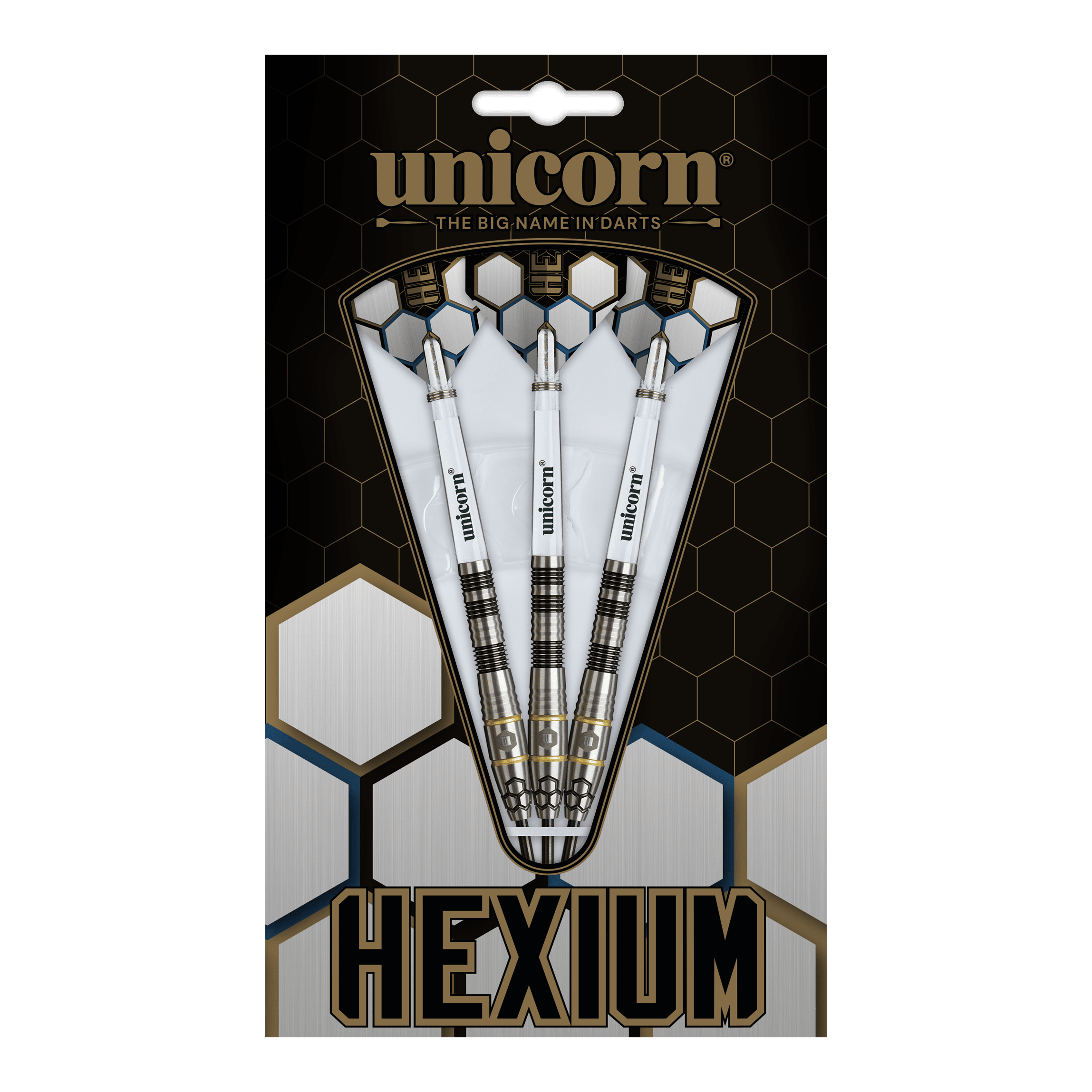 Unicorn Hexium Style 01 Zwart & Goud Steeldarts Unicorn Hexium Style 01 Black & Gold Steeldarts sind auf diesem Bild abgebildet. Die Abbildung zeigt die schwarzen und goldenen Steeldarts in Nahaufnahme.