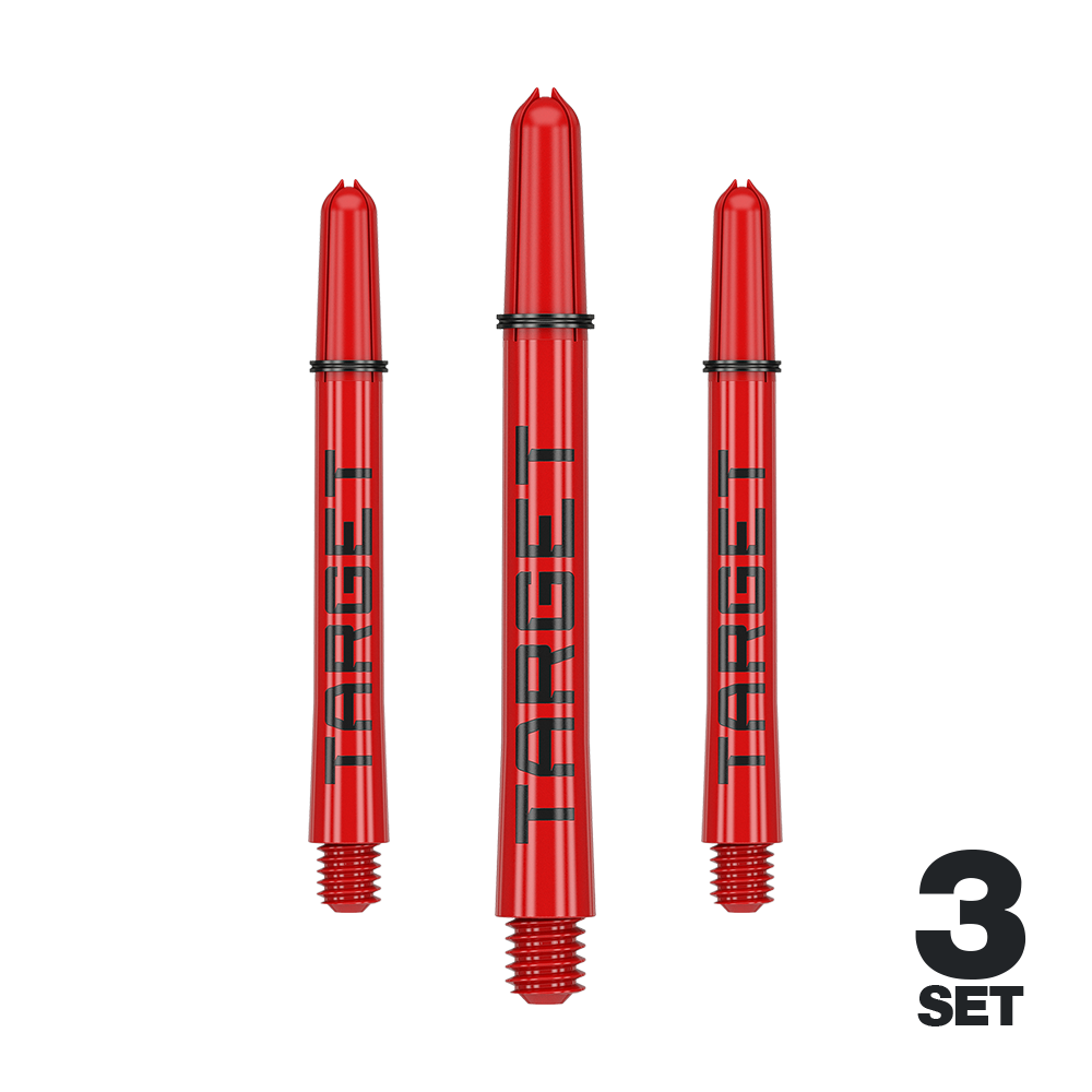 Target Pro Grip TAG Shafts - 3 sets - Rood Das Bild zeigt drei rote Dartschäfte mit der Aufschrift "TARGET". Unten rechts steht "3 SET", was auf ein Set mit drei Stück hinweist.