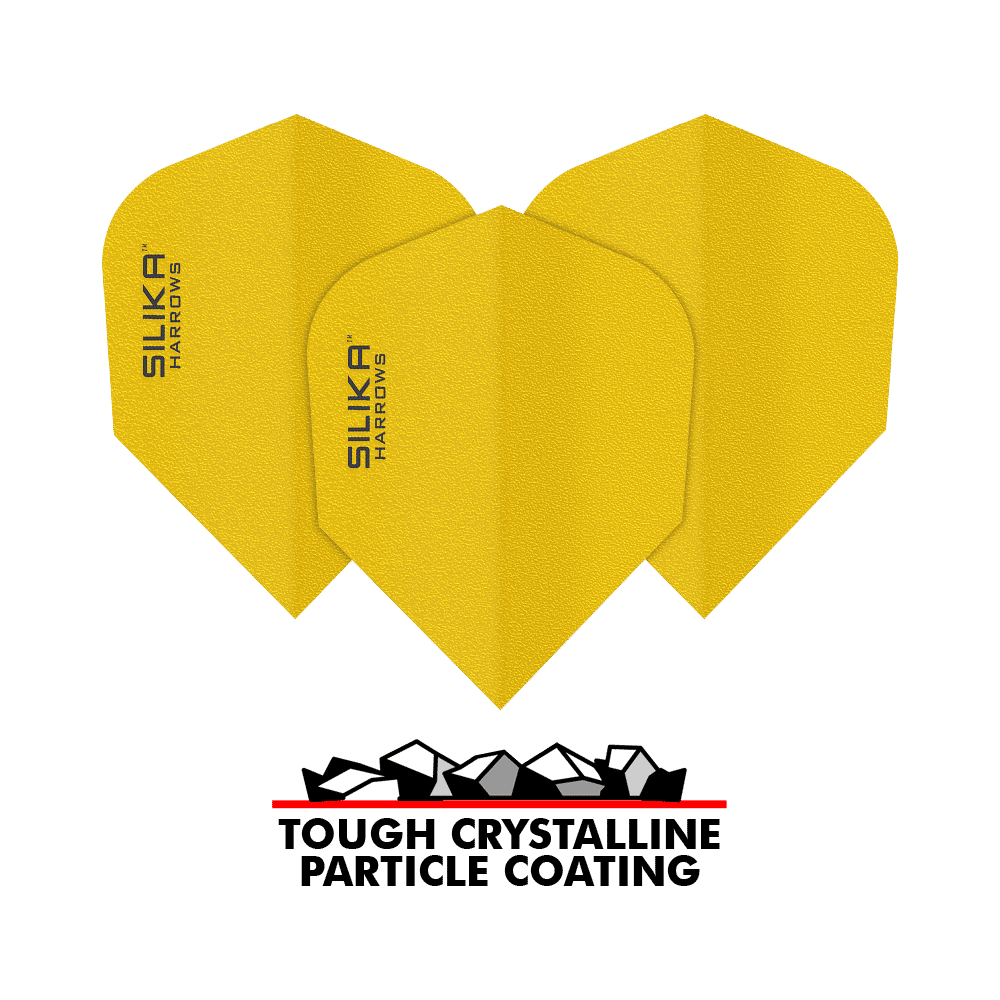 Harrows Silika Solid Tough Crystalline Coating Geel nr. 6 Vluchten Das Bild zeigt drei gelbe Dart-Flights der Marke Harrows Silika mit robuster, kristalliner Beschichtung. Unter den Flights steht der Text „TOUGH CRYSTALLINE PARTICLE COATING“.