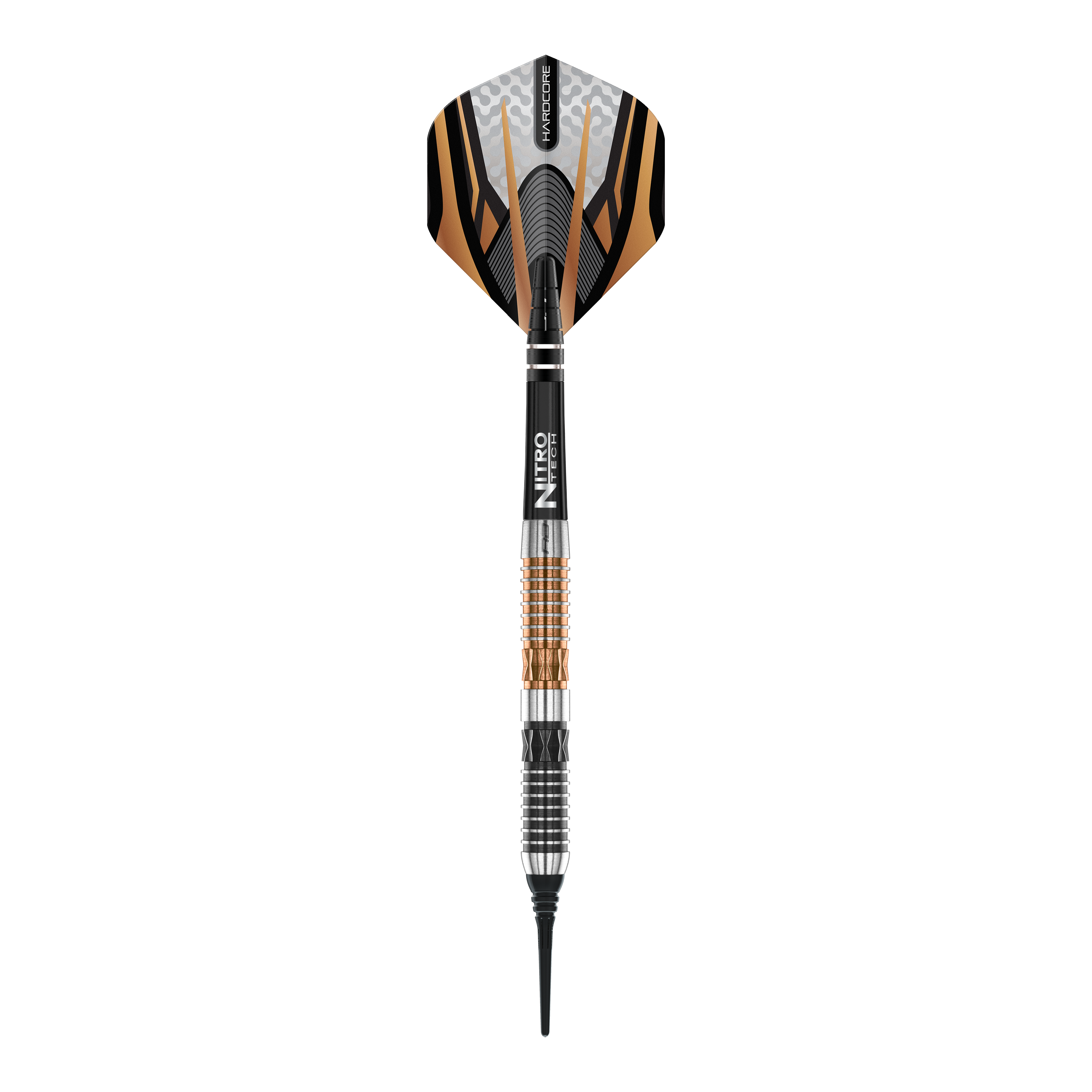 Red Dragon Panterra zachte dartpijlen - 20g Das Bild zeigt einen Red Dragon Panterra Softdart mit einem Gewicht von 20g. Der Dart hat ein markantes Design mit schwarzen, goldenen und silbernen Elementen.