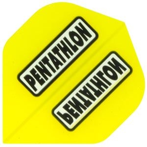 p12 Das Bild zeigt ein gelbes Dartflight mit der Aufschrift "PENTATHLON" in schwarzer Schrift. Das Produkt heißt "Pentathlon Flights P12".
