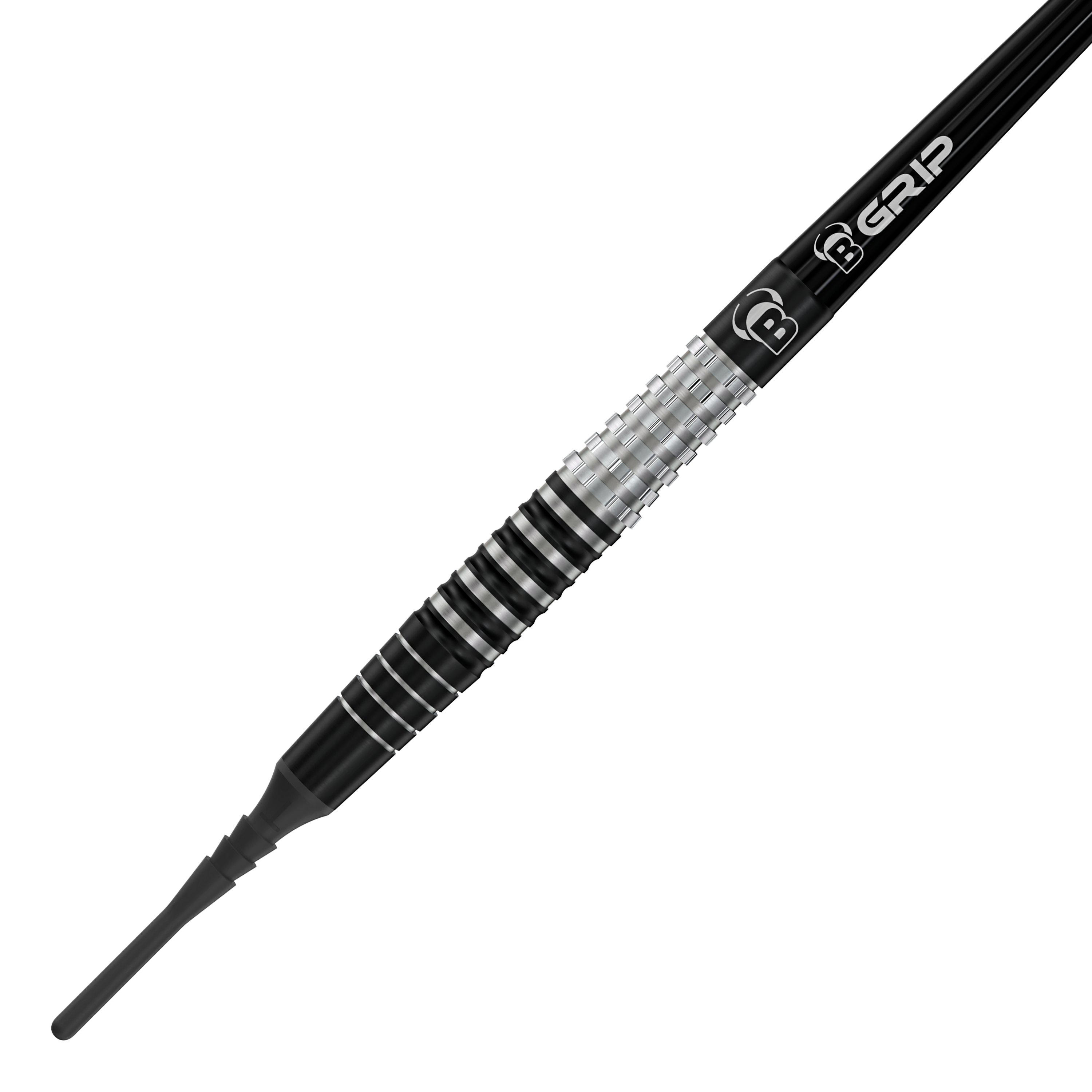 Bulls Martin Schindler Original Generation 3 zachte darts Das Bild zeigt den Softdart "Bulls Martin Schindler Original Generation 3". Der Dartpfeil hat ein stilvolles Design mit schwarzen und silbernen Rillen am Griff.