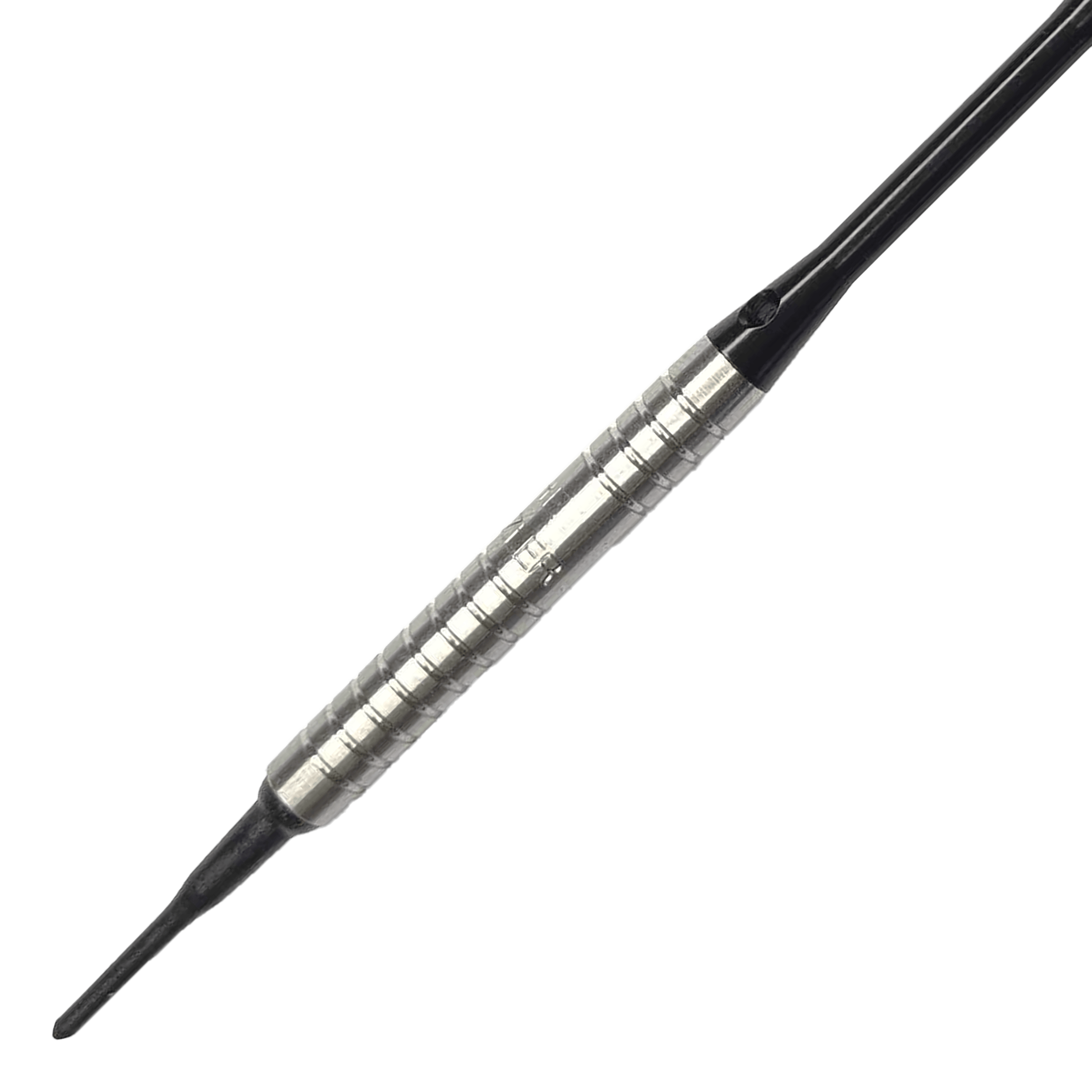 McDart 85 Tungsten V16 zachte darts - 16,5 g Das Bild zeigt einen McDart 85er Tungsten V16 Softdart mit einem Gewicht von 16,5 Gramm. Der Dartpfeil hat einen silbernen, geriffelten Schaft und eine schwarze Spitze.