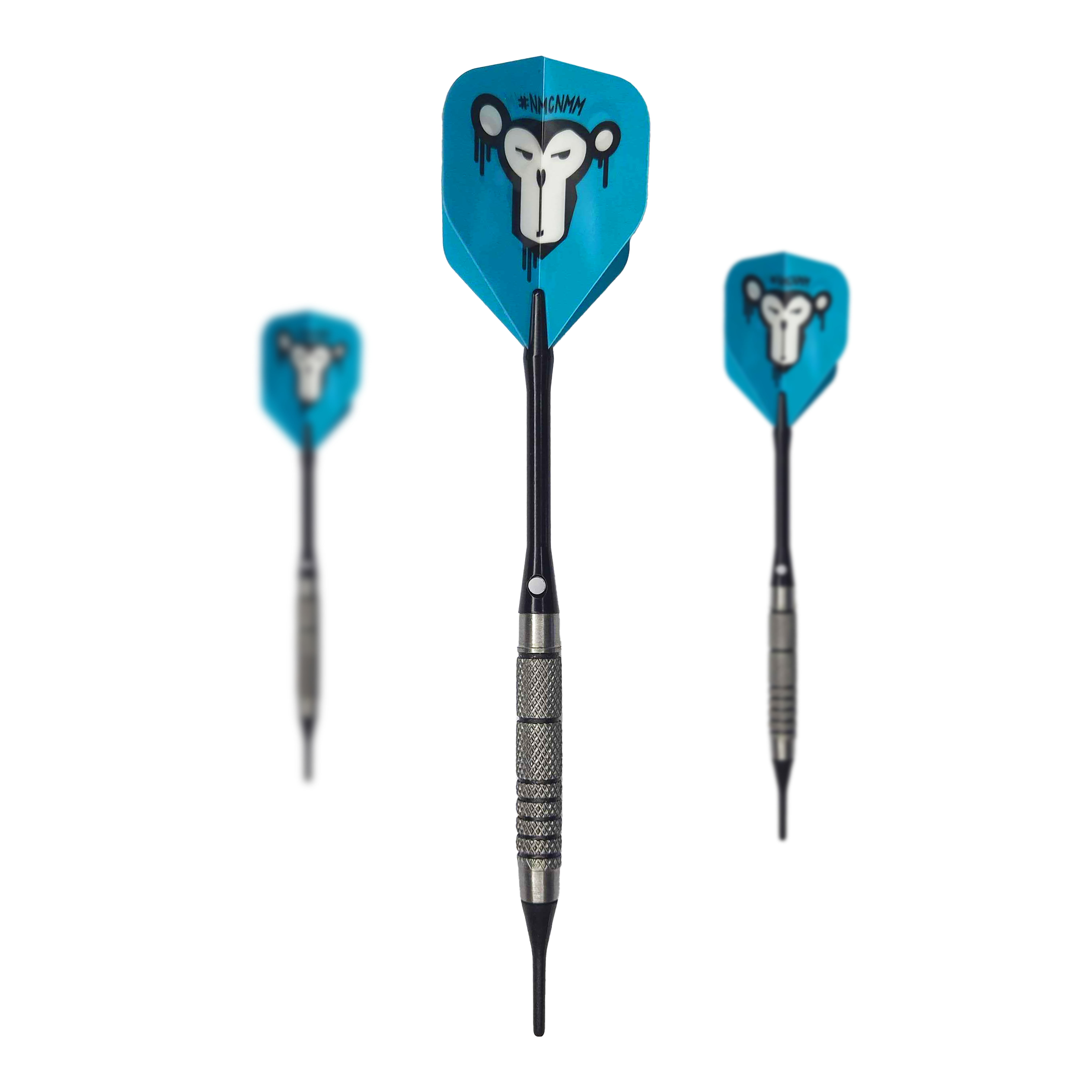 McDart 85 Tungsten V10 Zachte Darts - 17,5g Das Bild zeigt drei Softdarts des Modells "McDart 85er Tungsten V10" mit einem Gewicht von 17,5g. Die Flights der Darts sind blau und mit einem Affenkopf-Motiv bedruckt.