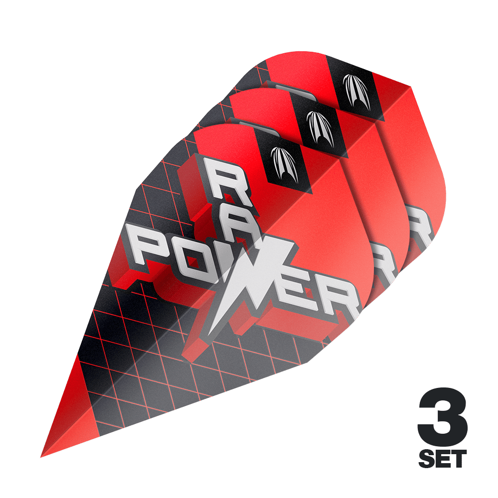 Das Bild zeigt drei Sätze der Target Pro Ultra Phil Taylor Power 9Five GEN11 Vapor Flights. Die Flights sind rot-schwarz gestaltet und tragen den Schriftzug "POWER".