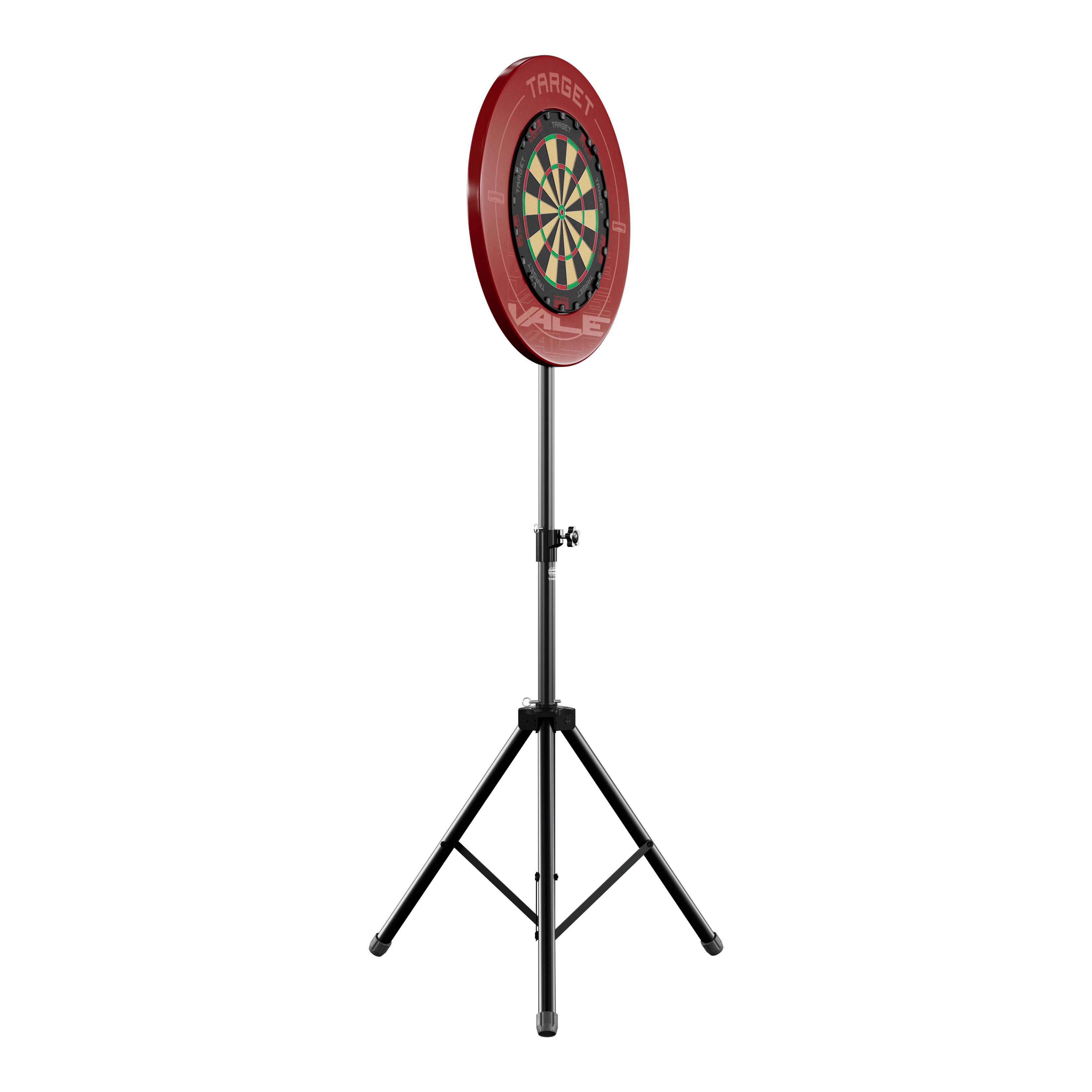 Target Dartbordstandaard Das Bild zeigt einen Dartboard-Ständer mit einer runden Dartscheibe und rotem Auffangring. Der Ständer hat drei stabile Beine und ist höhenverstellbar.