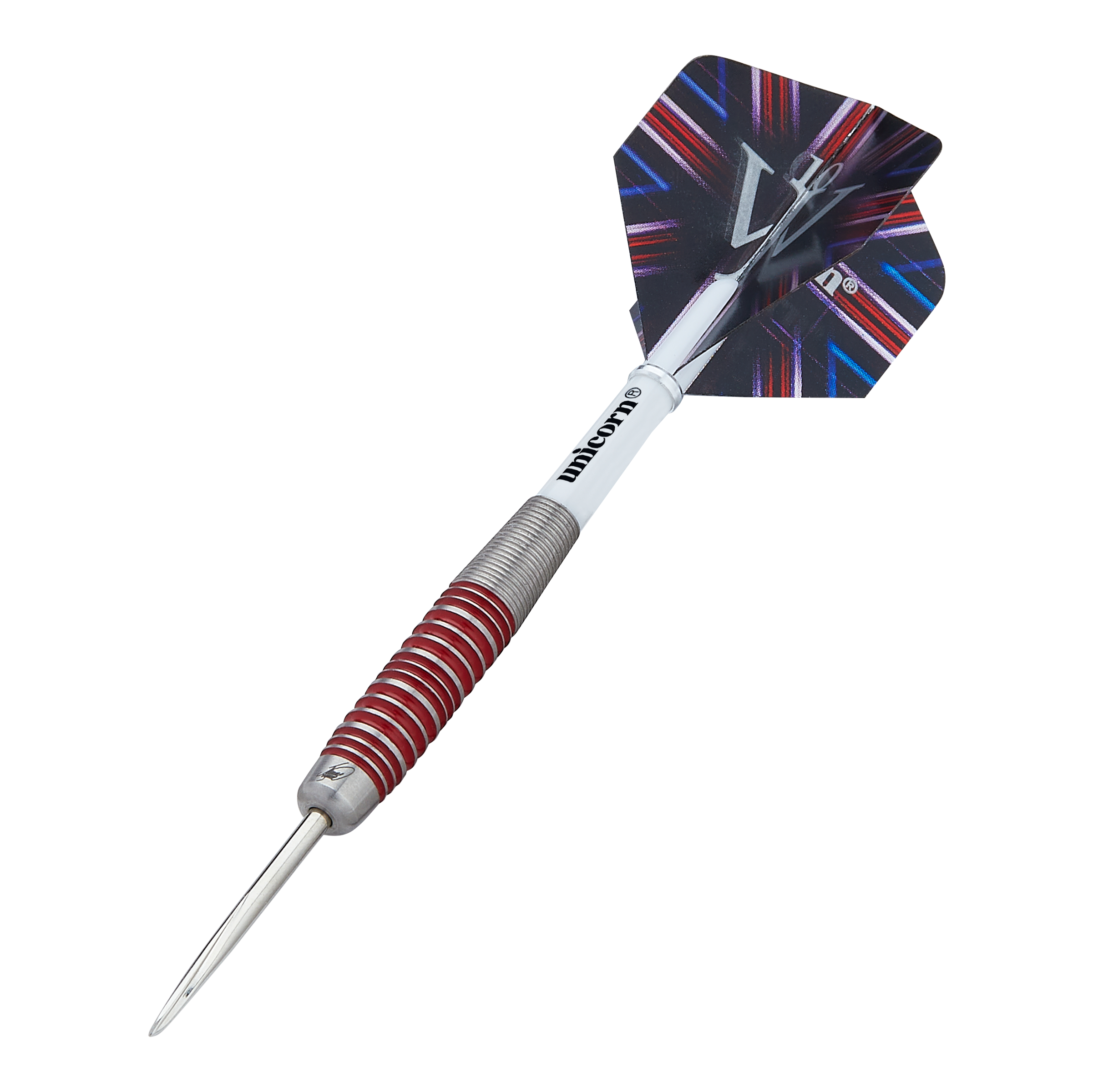 Unicorn The Machine James Wade 90% stalen darts Das Bild zeigt einen Steeldart der Marke "Unicorn The Machine James Wade 90%". Der Dart hat einen silbernen Griff mit roten Ringen und eine bunte Flightscheibe am Ende.