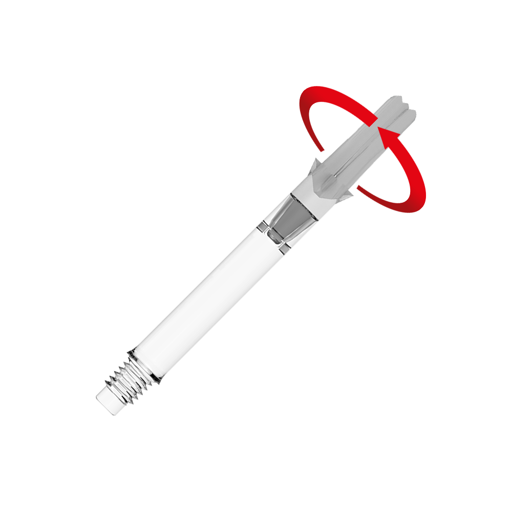 L-L-Style-Shafts Silent Straight - Clear Das Bild zeigt einen durchsichtigen L-Style L-Shafts Silent Straight Schaft für Dartpfeile. Ein roter Pfeil deutet auf die drehbare Funktion des Schafts hin.