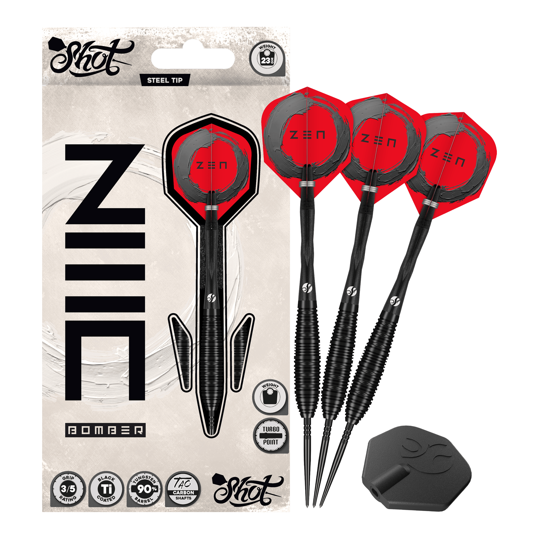 Schiet met ZEN Bomber Turbo Point stalen dartpijlen Auf dem Foto ist das Set Shot ZEN Bomber Turbo Point Steeldarts vollständig abgebildet. Dieses Set enthält alle notwendigen Darts für das Spiel.
