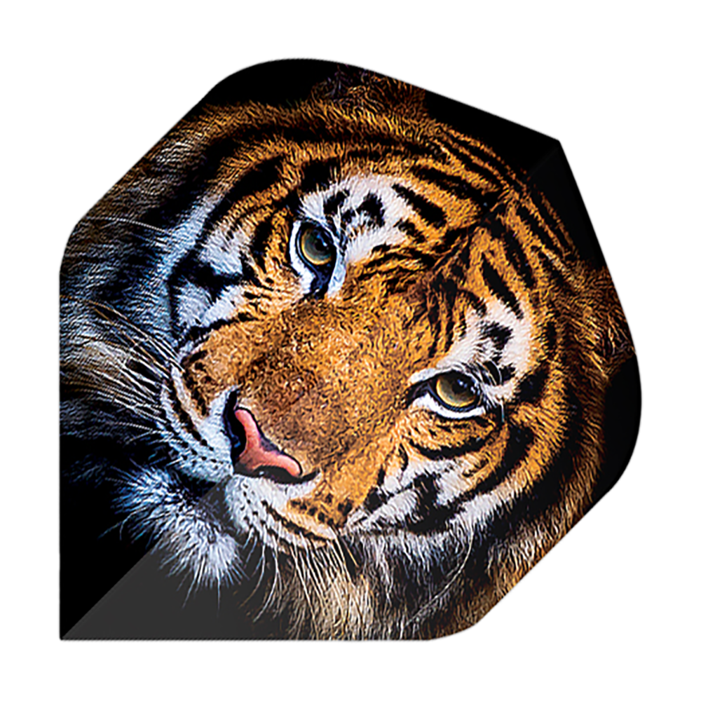 Pentatlon Vluchten Tiger Das Bild zeigt einen Dartflug mit dem Motiv eines realistisch gezeichneten Tigerkopfes. Es handelt sich um das Produkt "Pentathlon Tiger No2 Standard Flights".