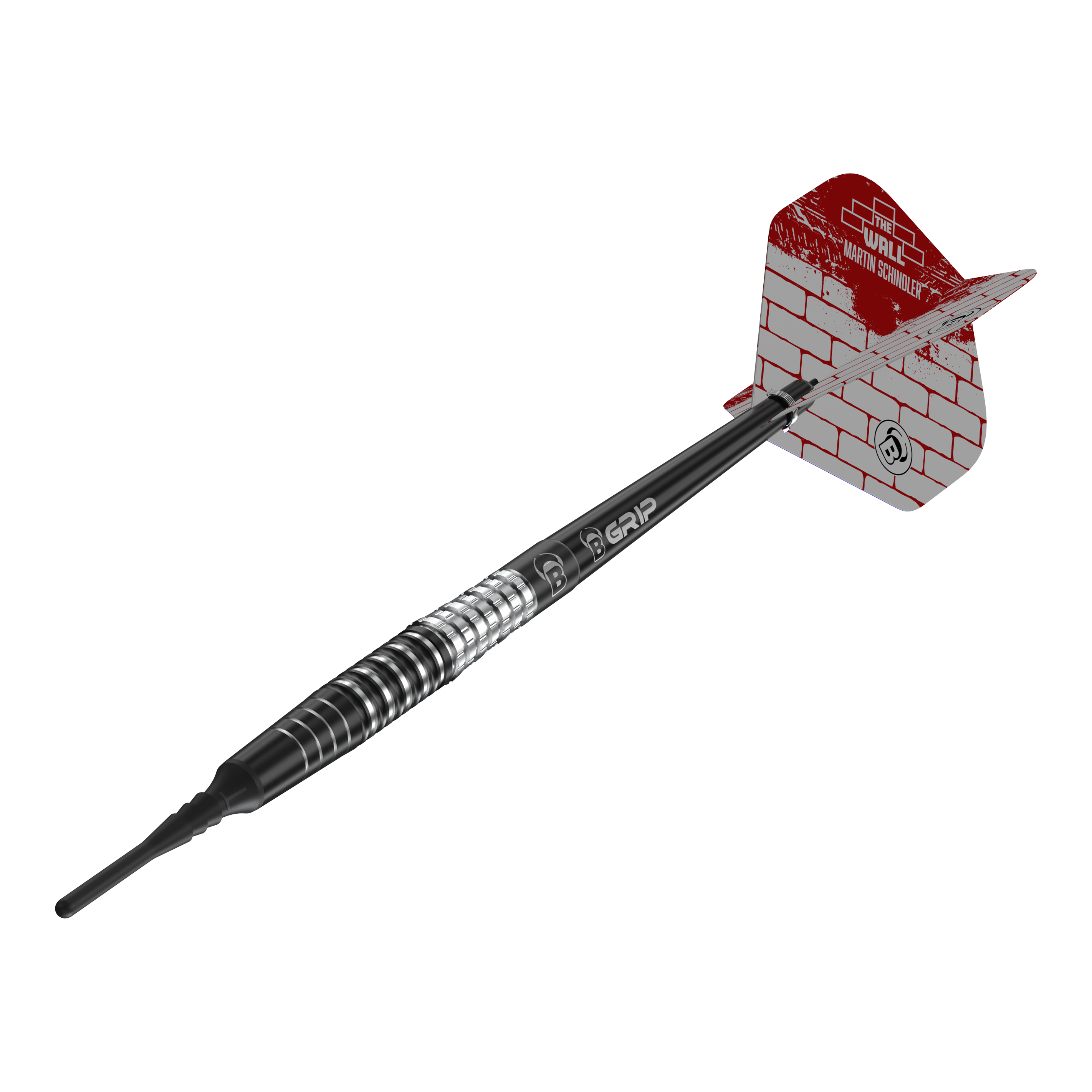 Bulls Martin Schindler Original Generation 3 zachte darts Das Bild zeigt einen Softdart aus der Serie "Bulls Martin Schindler Original Generation 3". Der Dart hat ein schwarzes und silbernes Barrel sowie eine rot-weiße Flight mit Mauerstein-Design.