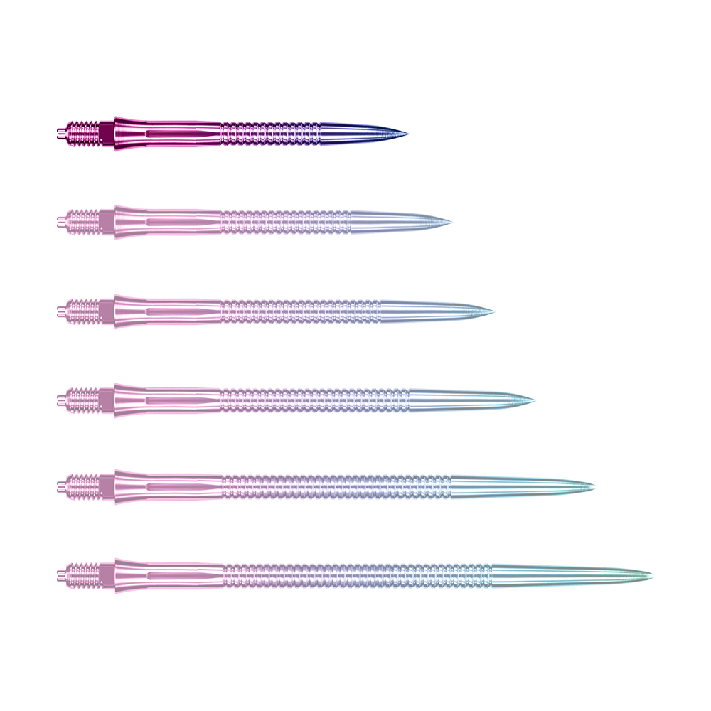 Caliburn EZ-EVO dartpunten - Gegroefd - Regenboog Das Bild zeigt eine einzelne EVO205 Caliburn EZ-EVO Dartspitze Grooved Rainbow 28mm. Die Spitze hat eine auffällige Regenbogenfarbe und eine gerillte Oberfläche.