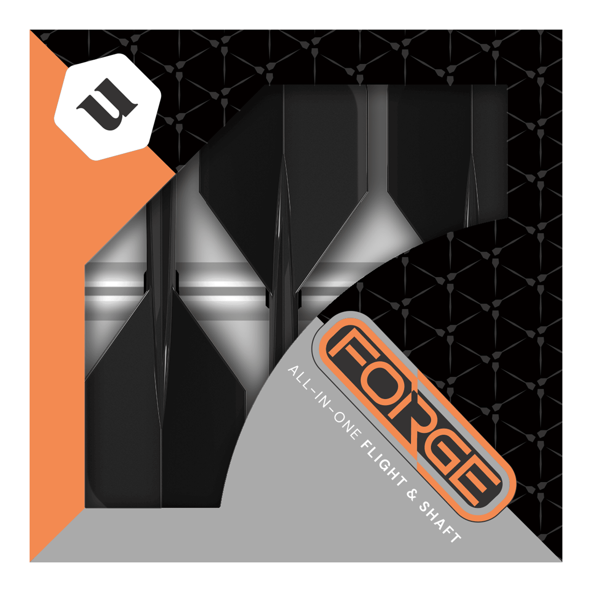 Unicorn Forge All In One Plus No2 Standaard Vluchten Zwart - Medium Das Bild zeigt die Verpackung der „Unicorn Forge All In One Plus No2 Standard Flights Schwarz - Medium“. In der Packung sind schwarze Dart-Flights und -Shafts zusammen als Set zu sehen.