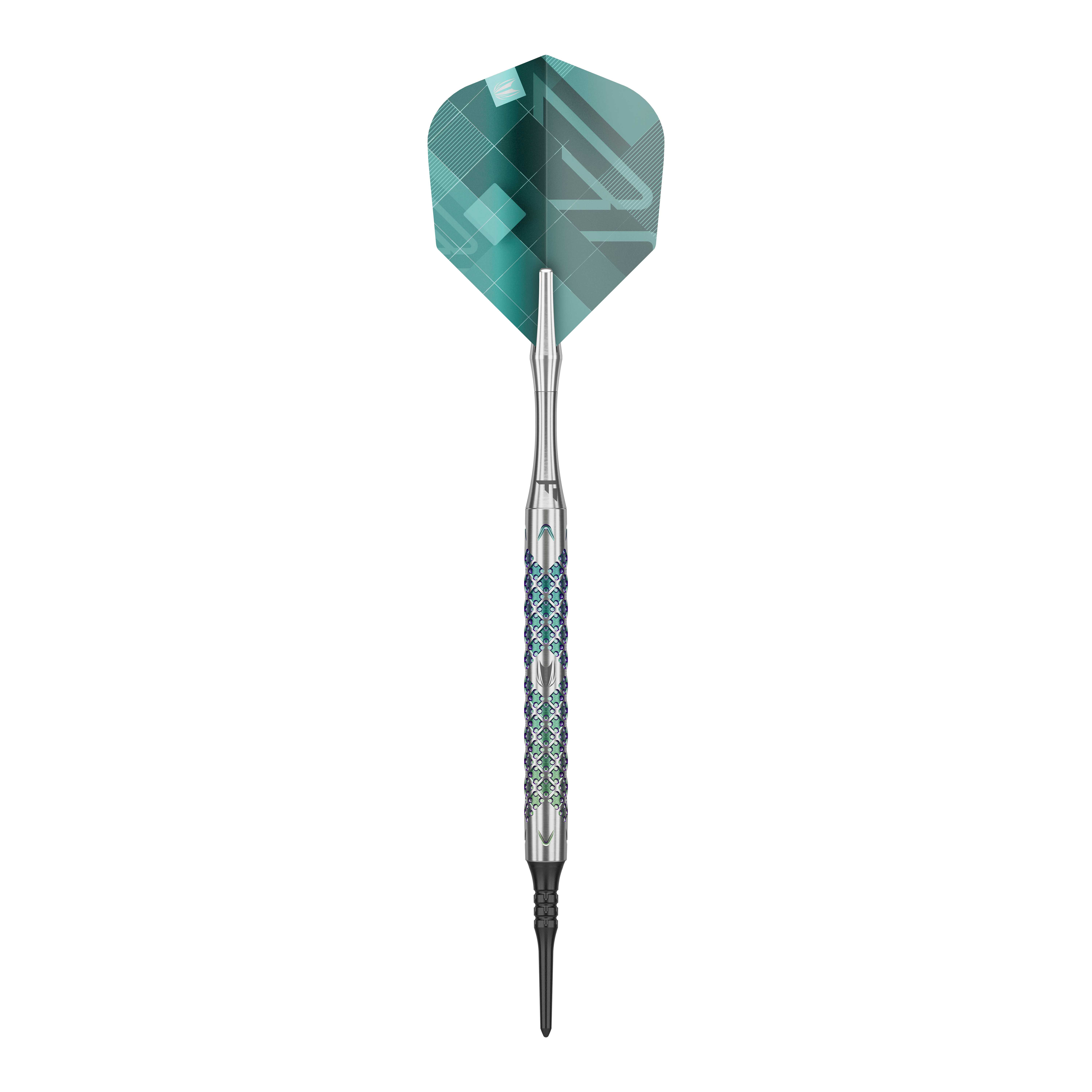 Target Rove 10 zachte darts Das Bild zeigt einen einzelnen Softdart der Marke Target Rove 10. Der Dart hat ein silbernes Griffstück mit farbigen Akzenten und grüne Flights.