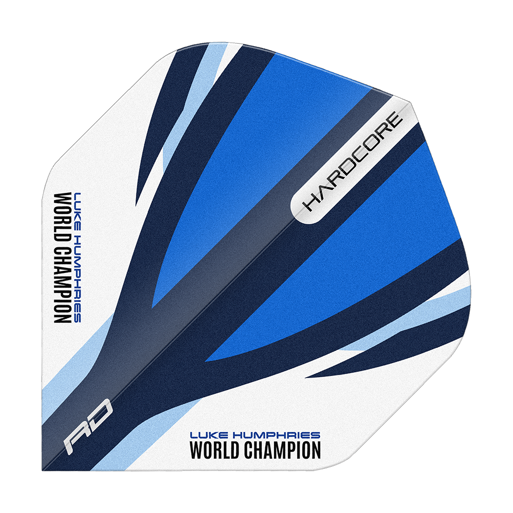 Rode Draak Hardcore Luke Humphries Blauw Wit Standaard Vluchten Das Bild zeigt einen Dart-Flight in den Farben Blau, Weiß und Schwarz mit dem Aufdruck "LUKE HUMPHRIES WORLD CHAMPION". Auf dem Flight stehen außerdem die Wörter "HARDCORE" und "RD".