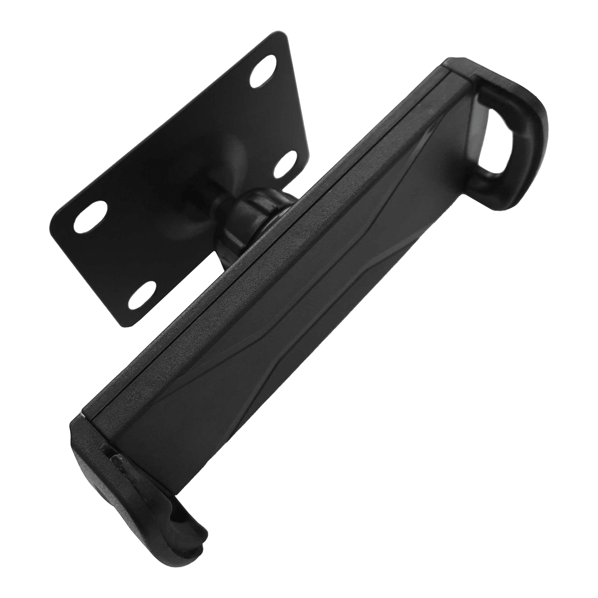 McDart TABSteady Tablet Muurbeugel Die Abbildung zeigt die McDart TABSteady Tablet Wandhalterung in schwarzer Farbe. Die Halterung verfügt über eine stabile Montageplatte und verstellbare Haltearme für Tablets.