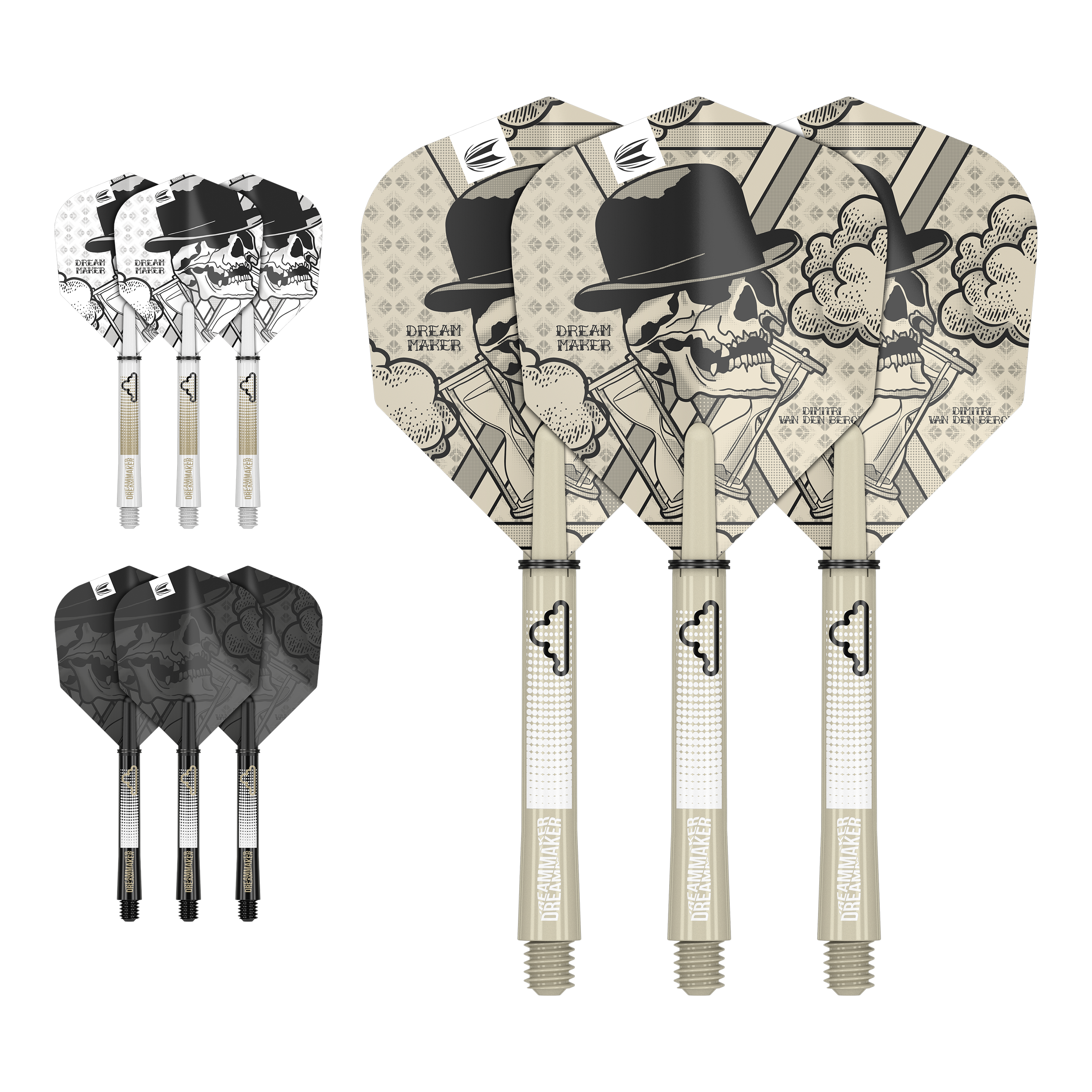 Target Ink Flight Shaft Kit Dimitri Van Den Bergh Auf dem Bild sind drei Dartflights mit Schädel- und Hutdesign sowie der Aufschrift "Dream Maker" zu sehen. Zusätzlich gibt es zwei weitere Sätze Flights in verschiedenen Farben, jeweils mit passenden Shafts.