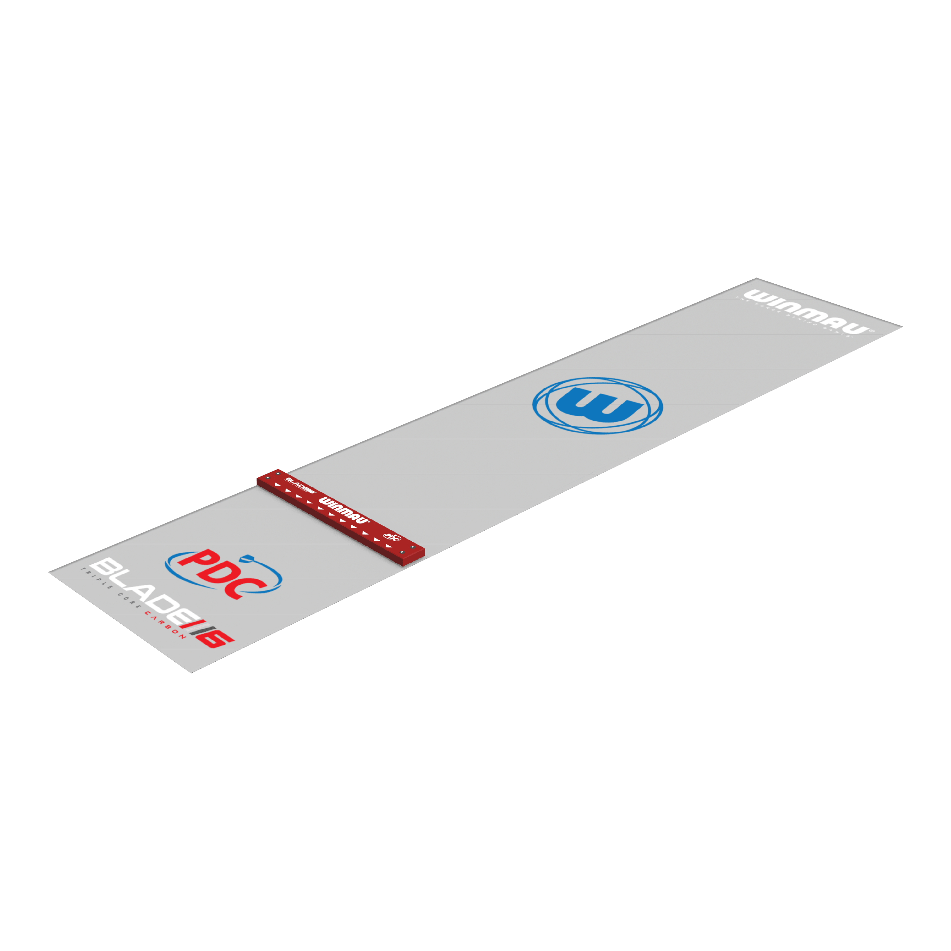 Winmau Clearzone PVC dartmat met oche Das Bild zeigt die Winmau Clearzone PVC Dartmatte mit Oche. Die Matte ist grau mit verschiedenen Logos und hat eine rote Abwurflinie (Oche).