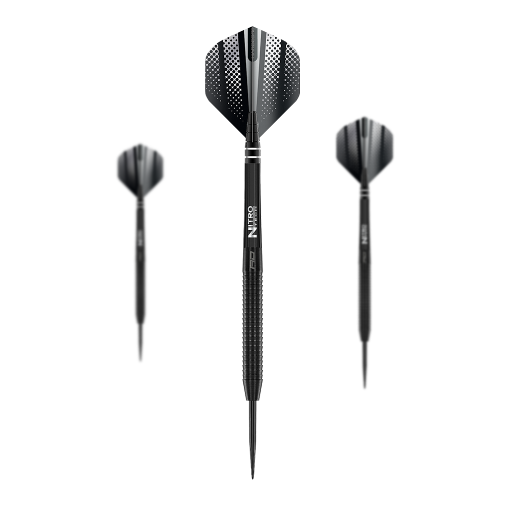 Red Dragon Razor Edge Zwarte Steeldarts Das Bild zeigt drei Red Dragon Razor Edge Black Steeldarts. Die Darts sind schwarz und haben ein modernes, punktiertes Design auf den Flights.