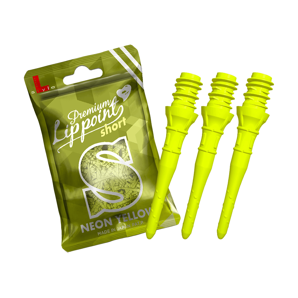 LIP40_L-Style_Premium_Lippoints_Short_Neongelb_2 Auf dem Bild ist eine Packung mit "Premium Lipppoint short" in Neon-Gelb zu sehen. Daneben sind drei leuchtend gelbe Dartspitzen abgebildet.
