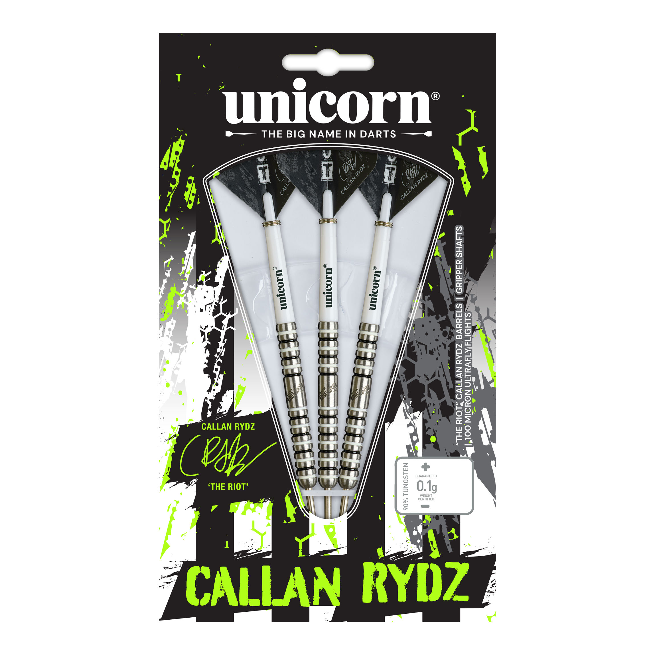 Das Bild zeigt einen Steeldart aus der Callan Rydz The Riot Phase2 Serie. Es handelt sich um einen hochwertigen Dartpfeil für ambitionierte Spieler.