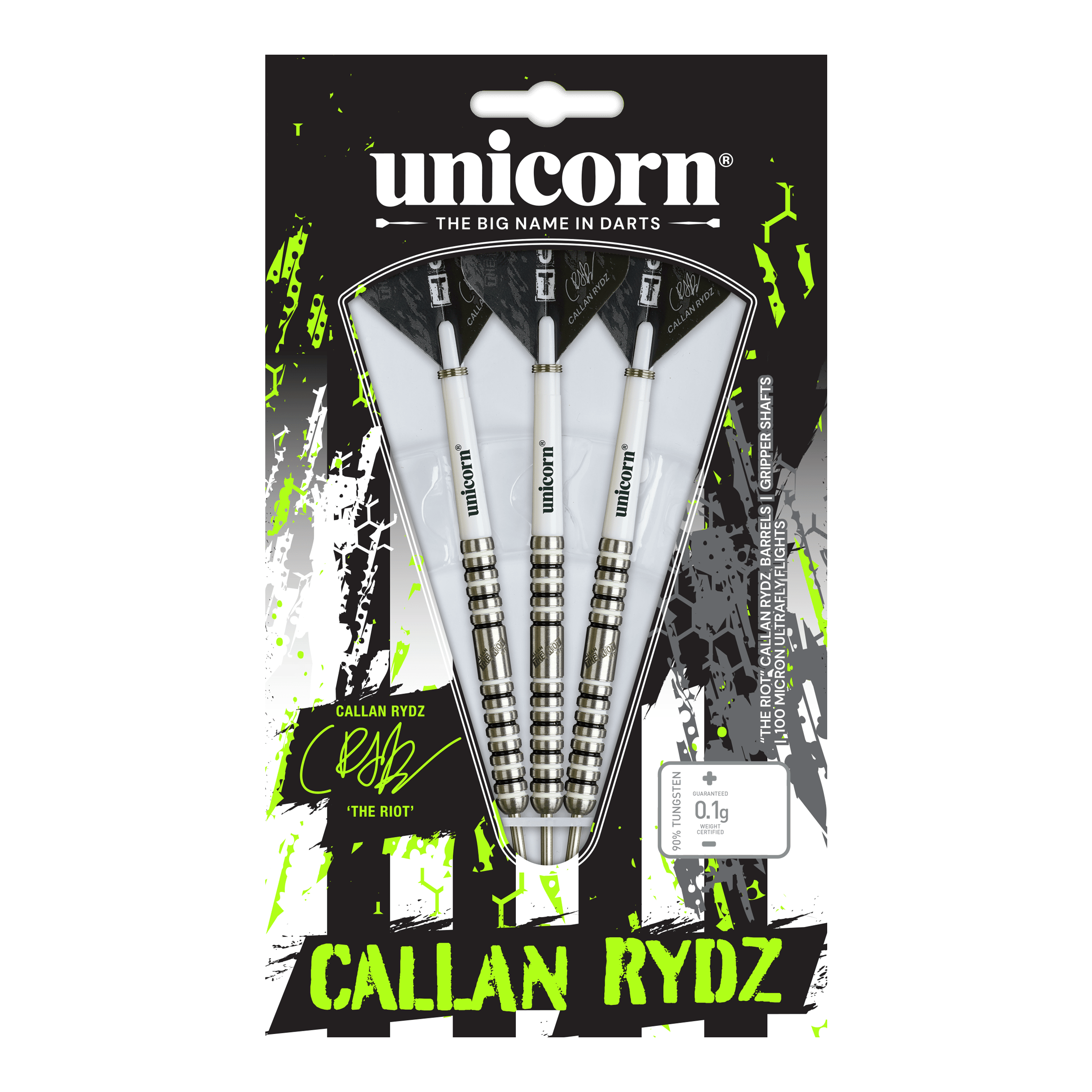 Unicorn Callan Rydz The Riot Phase 2 stalen darts Das Bild zeigt einen Steeldart aus der Callan Rydz The Riot Phase2 Serie. Es handelt sich um einen hochwertigen Dartpfeil für ambitionierte Spieler.