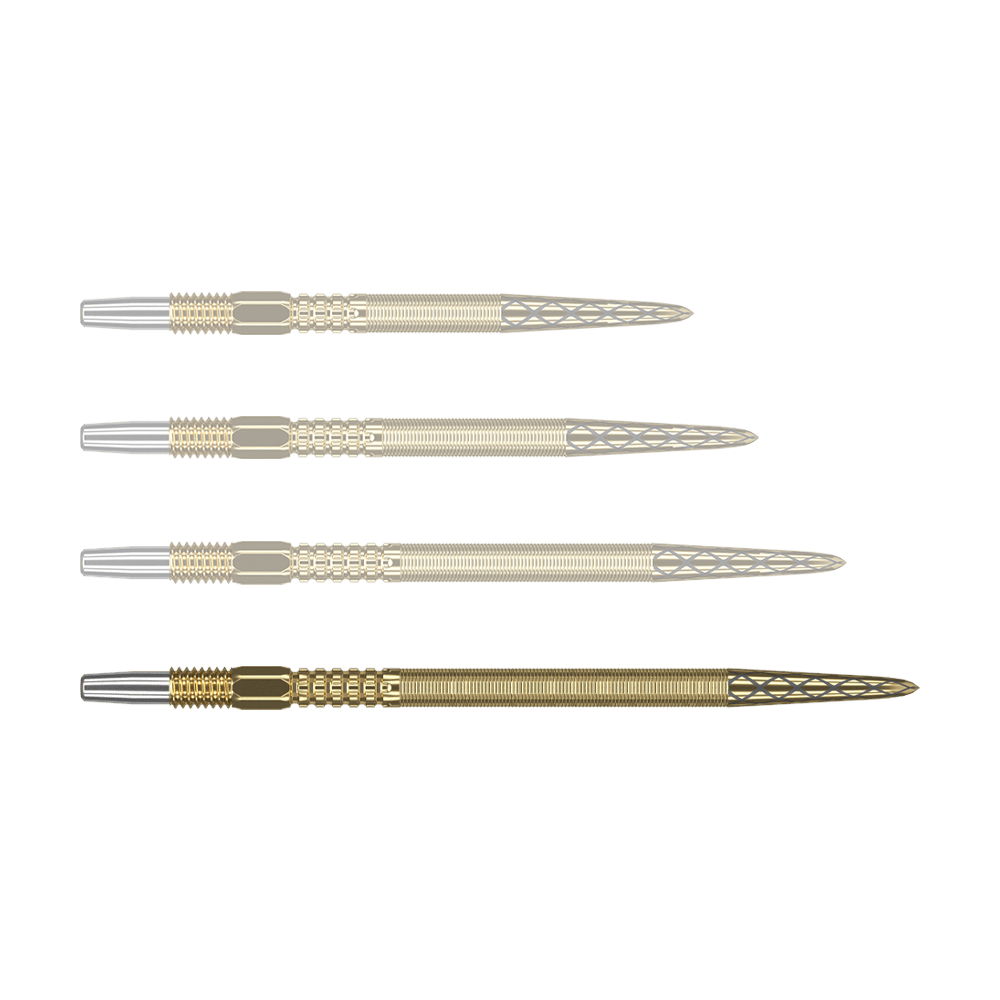 Target Swiss Point DX darttips - goud Auf dem Bild sind vier goldfarbene Dartspitzen mit silbernem Ansatz zu sehen. Die Spitzen haben ein feines, rautenförmiges Muster am vorderen Ende.